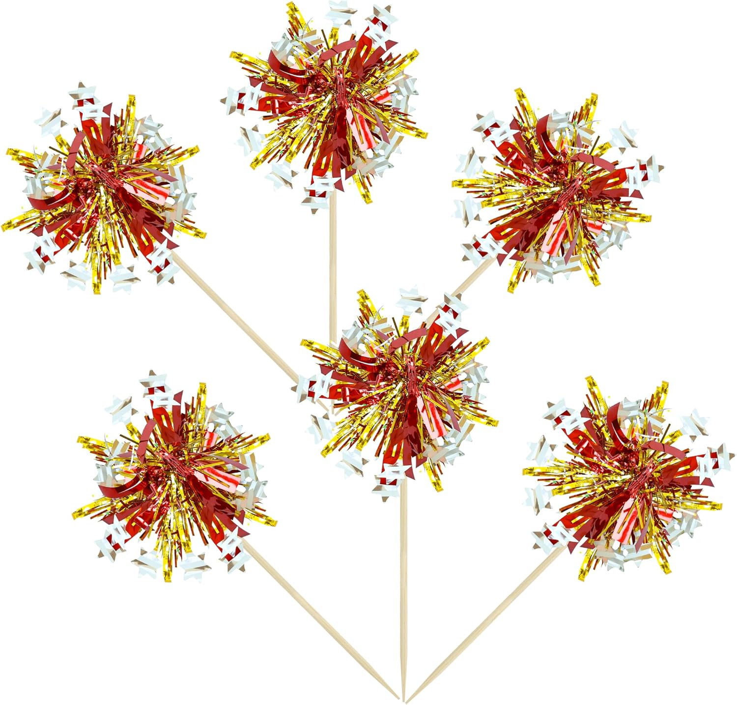 Ephlyn 30Pcs Foil Firework Cupcake Toppers Sparkle Tinsel Cupcake Picks Happy Birthday Cake Decorations Drink Stirrers Cocktail Food Fruit Toothpicks for Baby Shower Graduation Party Supplies Gold Red - Image 3