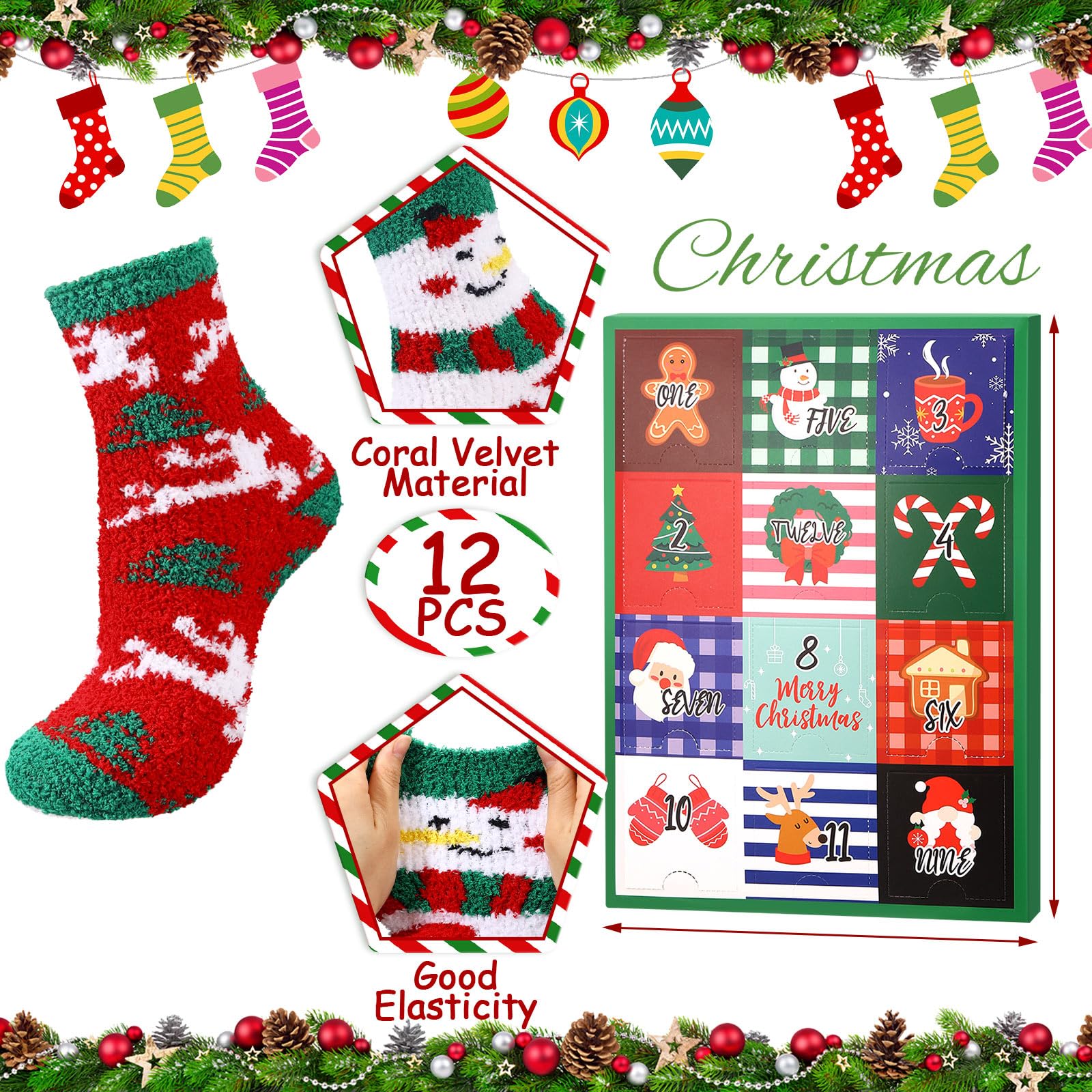 12 paia di calzini natalizi sfocati con calendario dell'avvento 2024, set di calzini unisex per adulti con conto alla rovescia di 12 giorni, regalo colorato, soffici e caldi, per feste di Natale