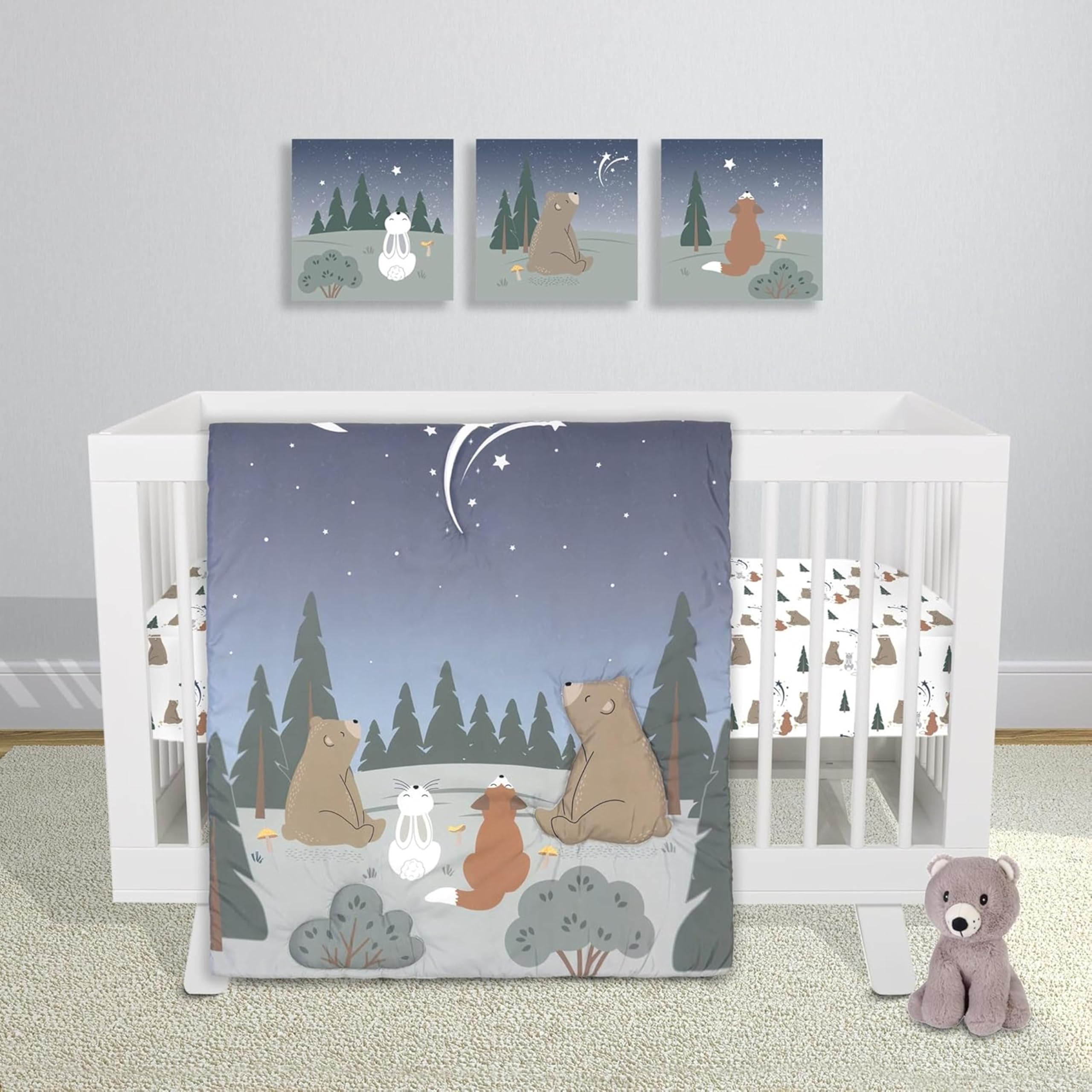 Sammy & Lou Forest Stargazer 4-Piece Baby Nursery Crib Bedding Set, Includes Quilt, Two Fitted Crib Sheets, and Plush Toy