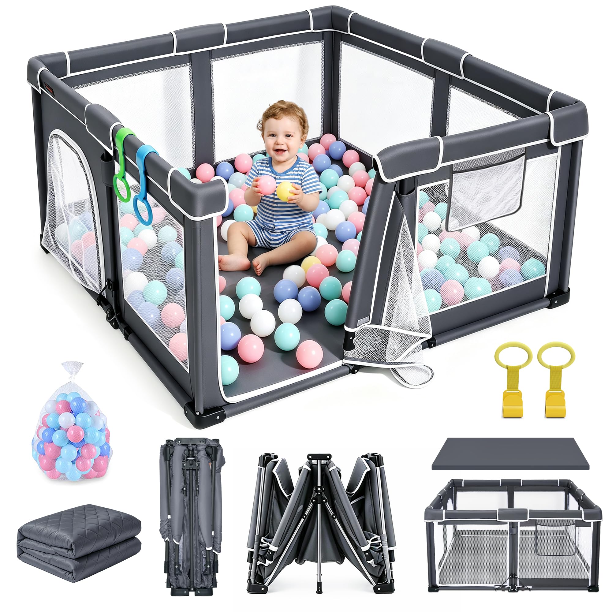 JJKAKA 180x150 Foldable Baby Playpen with Mat, Portable Playpen 1-Min Setup
