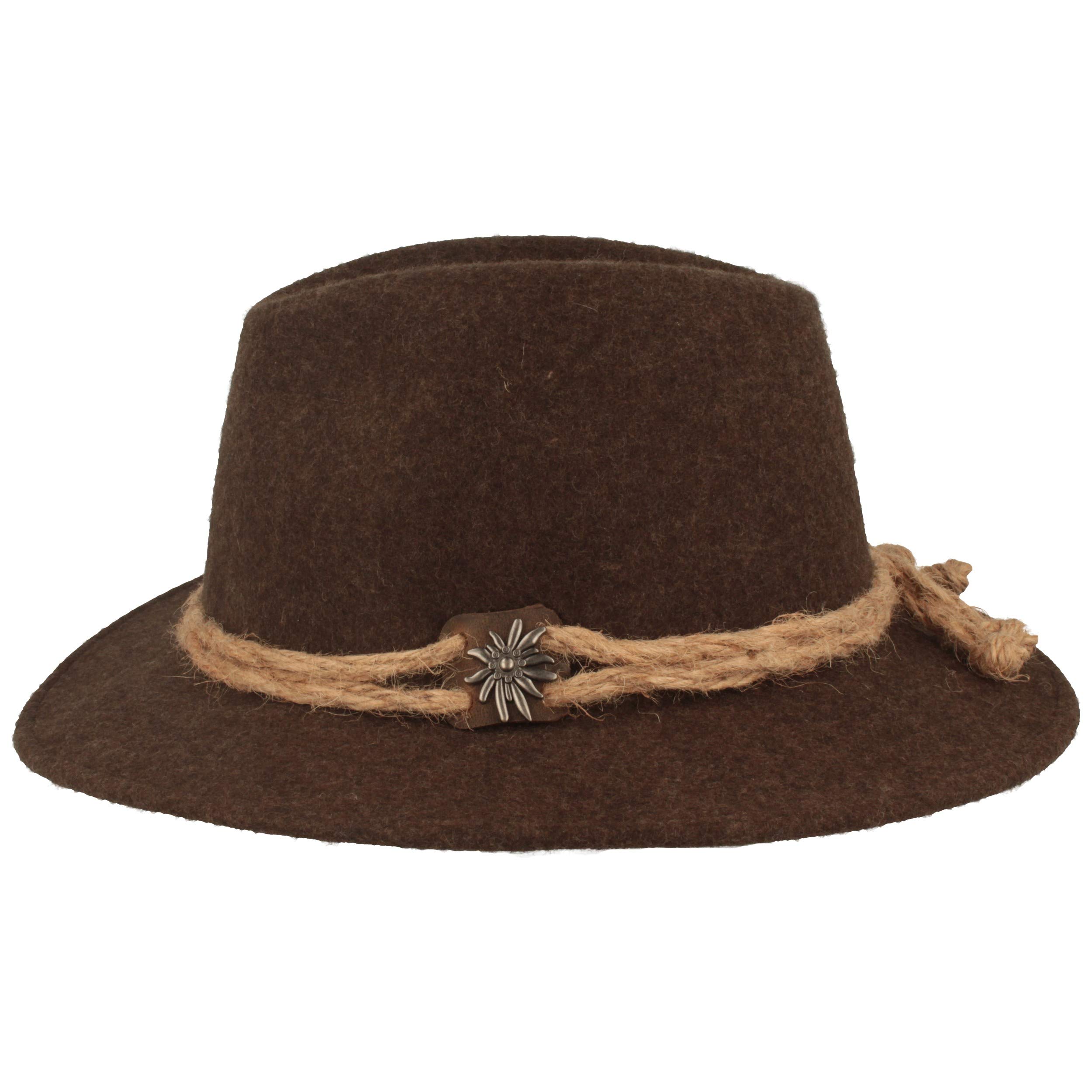 Breiter Chapeau traditionnel original pour homme, en feutre, style tyrolien, 100 % laine, cordon de chanvre, edelweiss et bord étroit
