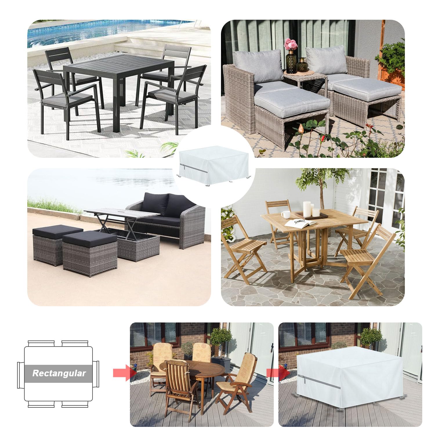 LAMUNI Funda Mesa Exterior Impermeable Cubierta de Mesa de Jardín, 150x120x90cm Funda para Muebles Cubierta de Muebles de Jardín, 420D Tela Oxford Fundas Protectora para Mesas y Sillas de Jardin