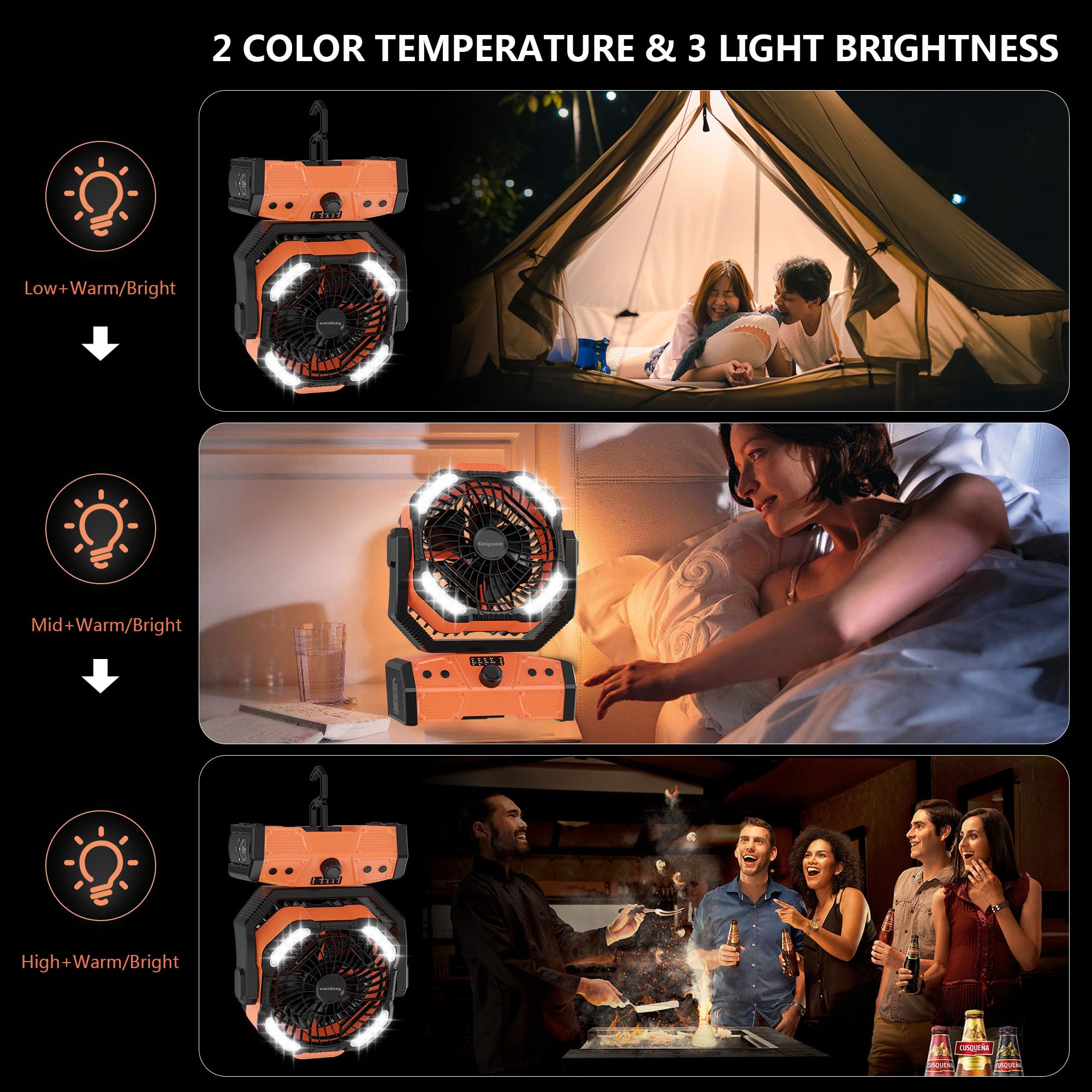 Easywave Ventilatore portatile ricaricabile da 30000 mAh: ventilatore a batteria senza fili con lanterna LED, ventilatore da tavolo, ventilatore USB C a batteria per viaggi, camera da letto, casa,