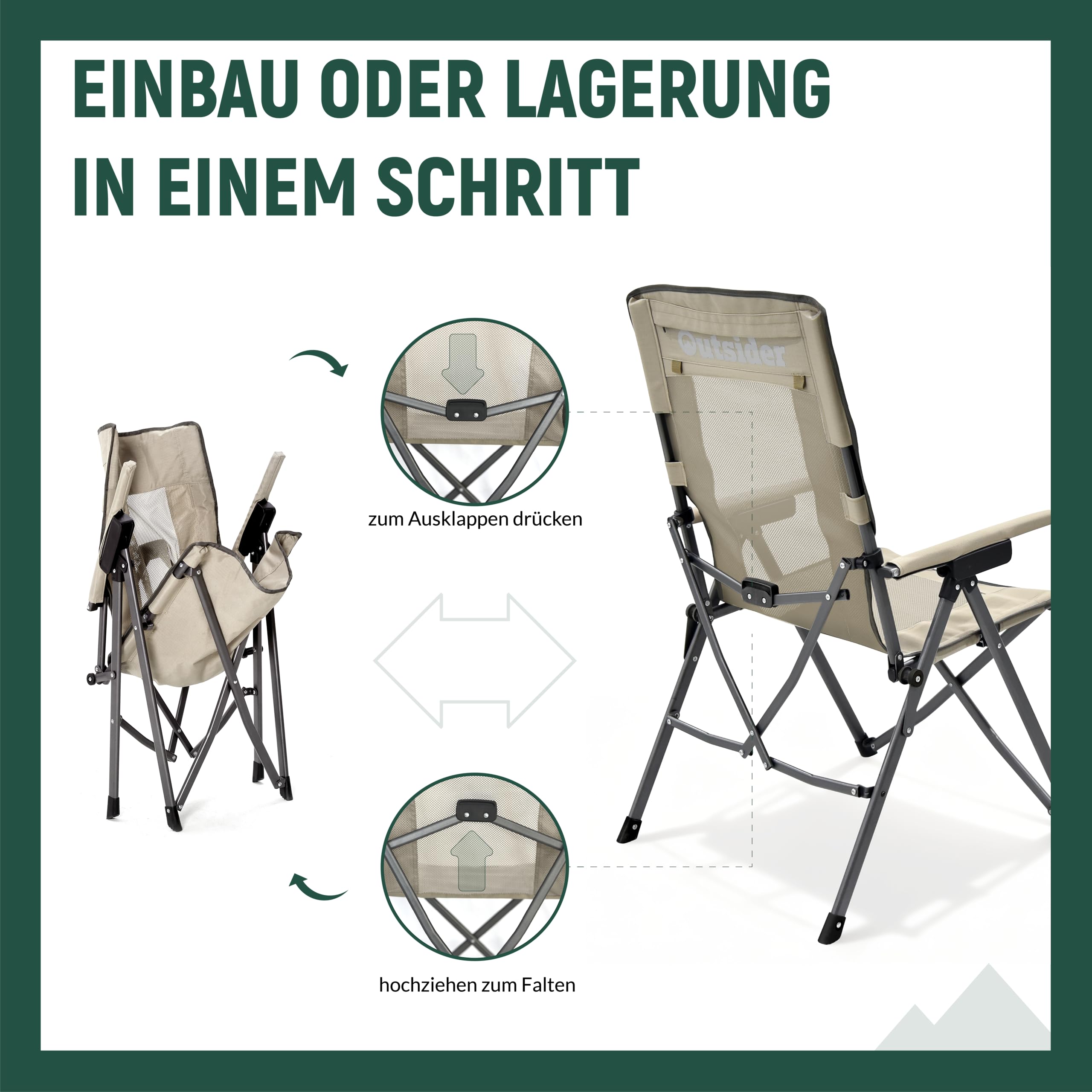 OUTSIDER Campingstuhl Klappbar Anglerstuhl Mit Verstellbarer Rückenlehne | 3-Fach Verstellbar Bis 150 kg, Atmungsaktives Netzgewebe, 600D Oxford, Tasche Für Camping, Angeln & Garten