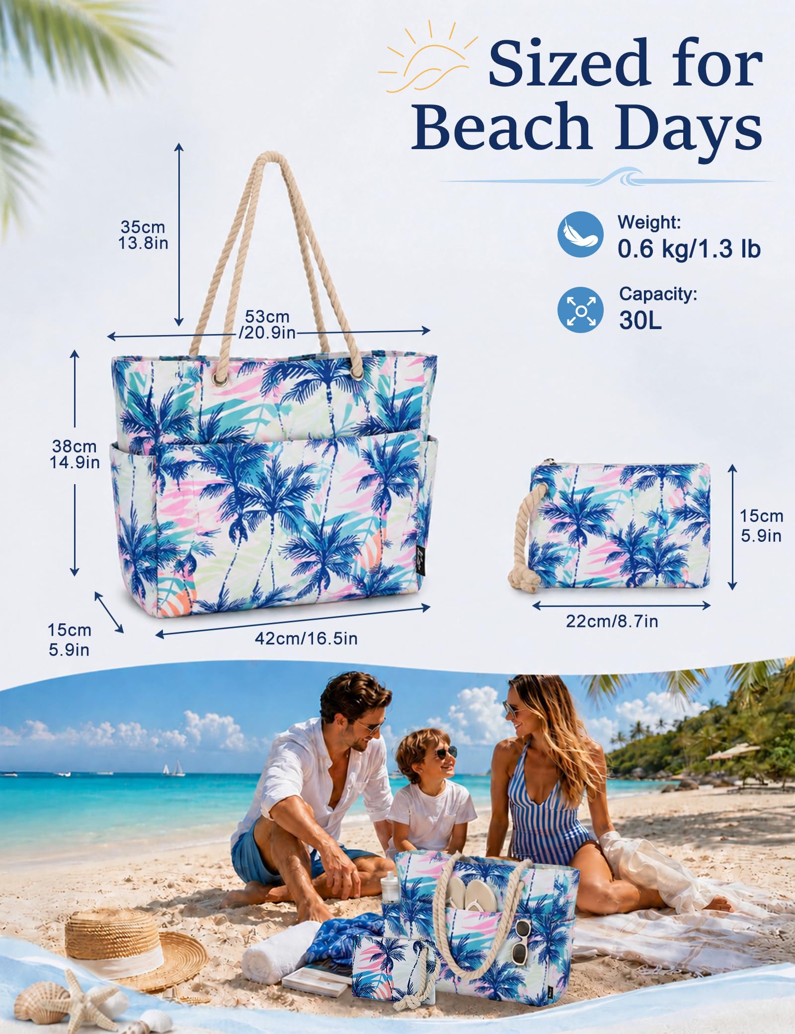Bolsa Playa Grande Impermeable, Bolsa Tote XXL con Bolsillo Externo + Bolsa Billetera 2pcs Set, Bolsa de Playa Familiar para Verano, Viajes, Diario y Trabajo