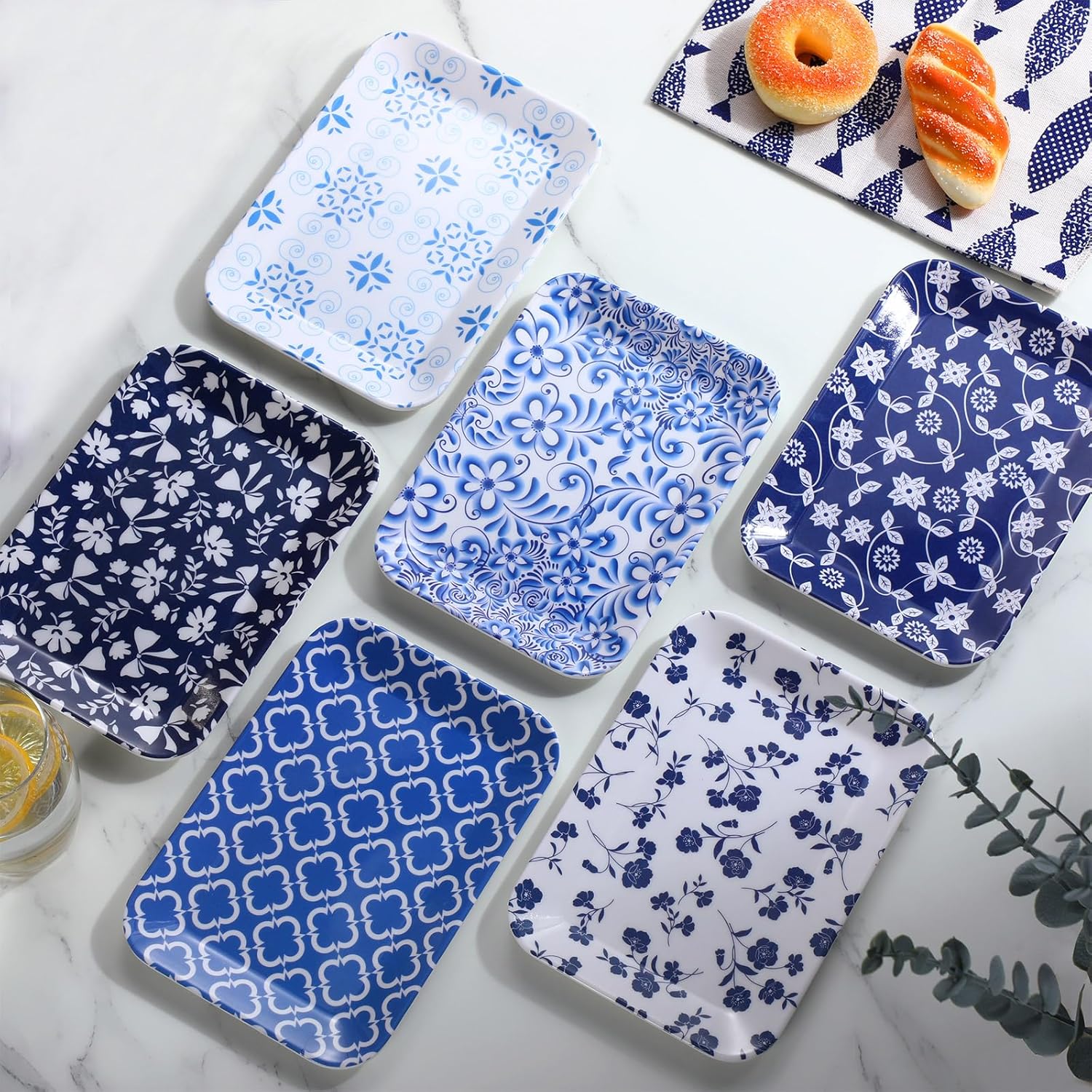 12 Pcs Rectangular Plastic Platters Boho 8 x 6 Inch Serving Dishes Reusable Thickened Heavy Duty Plastic Serving Platter for Kitchen Lunch Salad Dessert Sushi Appetizer(Modern Style)