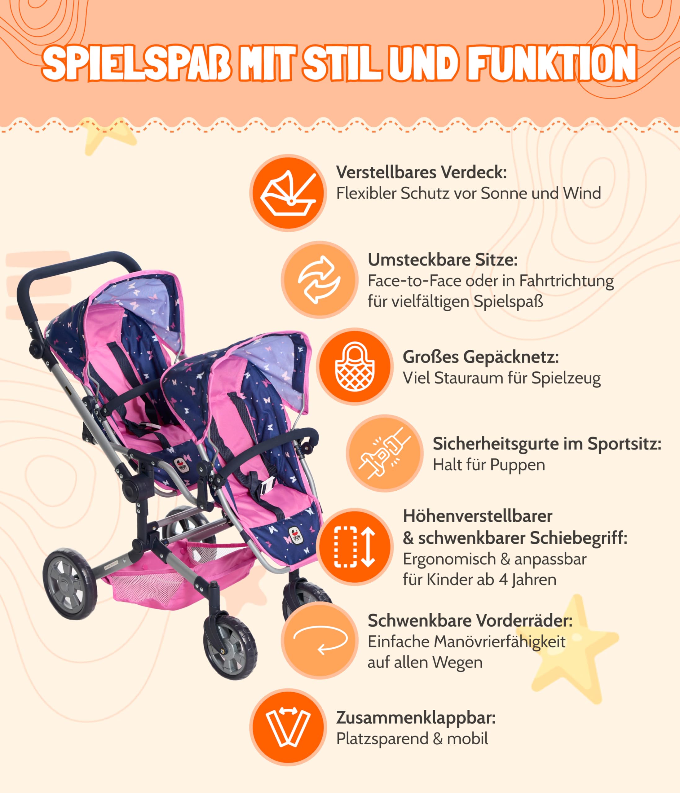 Bayer Chic 2000® Wózek dla lalek Linus Duo – Butterfly Navy Pink – składany wózek dla lalek bliźniaczek – regulowany uchwyt 50-82 cm – lalki do 50 cm – 4-8 J.