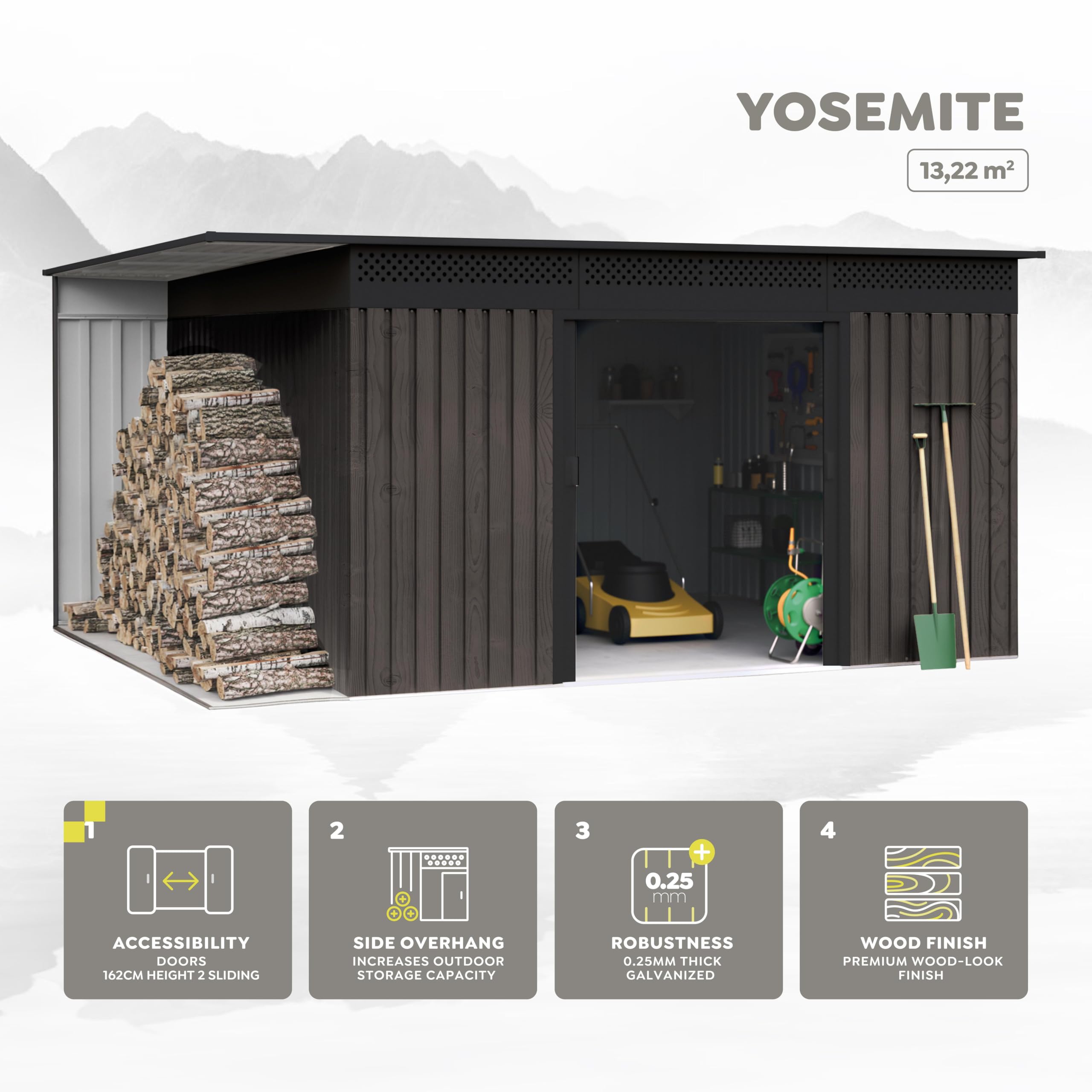 Wasabi Abri de jardin extérieur 13,22 m² Robin t1 – Effet bois Premium – Porte-bûches latéral – Double porte coulissante – Grilles de ventilation – Toit plat – Abri métallique de rangement – 397 x 333