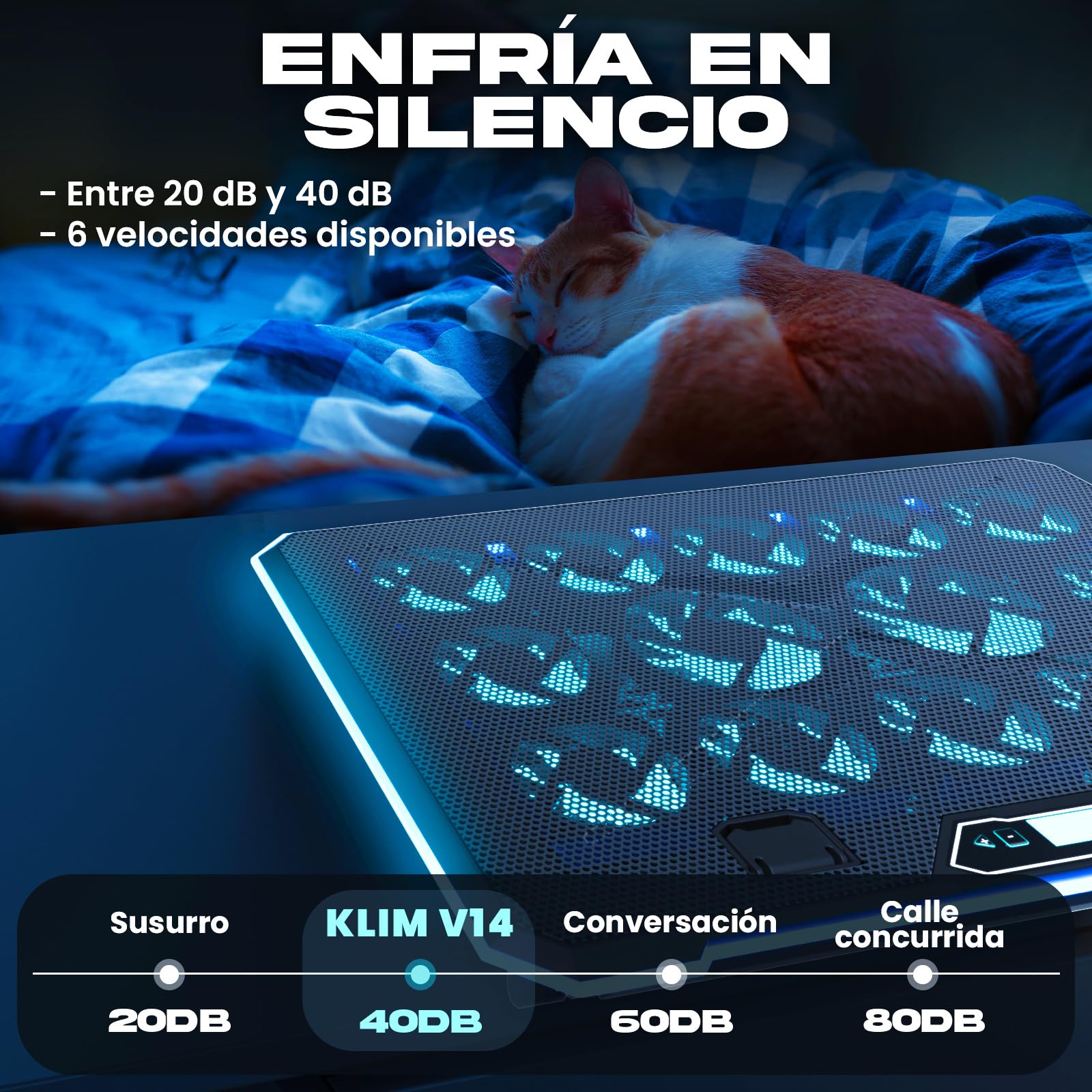 KLIM V14 Base Refrigeradora para Portátil Gaming con 14 Ventiladores + Nuevo + Soporte RGB Estable para Portátil con Ventilador + Compatible hasta 17" + 2 Puertos USB + Soporte para Teléfono