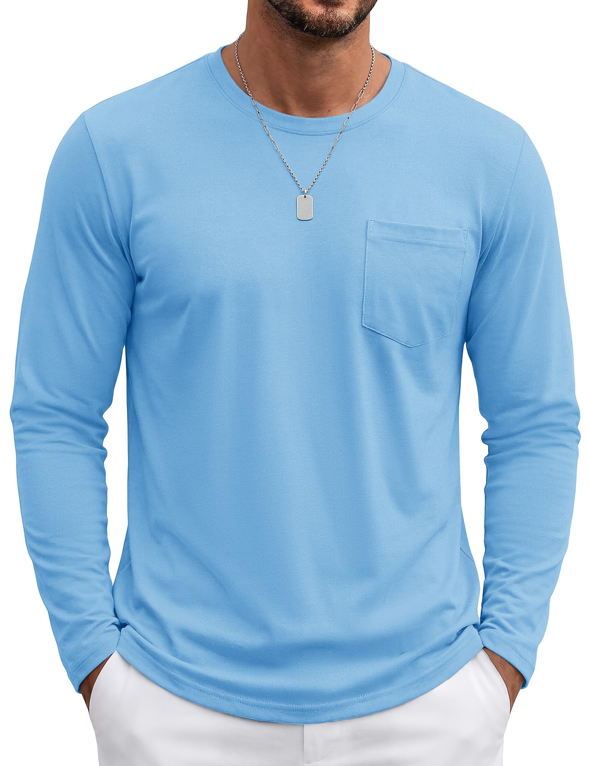 TACVASEN Herren Baumwolle Tshirt Rundhals Langarmshirt Einfarbige Work Sweatshirt Atmungsaktiv T Shirts Mit Brusttasche