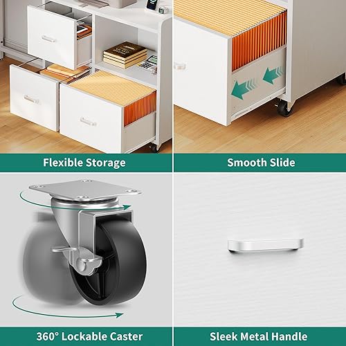 Miniatura 5 de YITAHOME Archivador de madera con luz LED, archivador lateral móvil de 3 cajones, gabinete de almacenamiento, soporte de impresora con estantes para