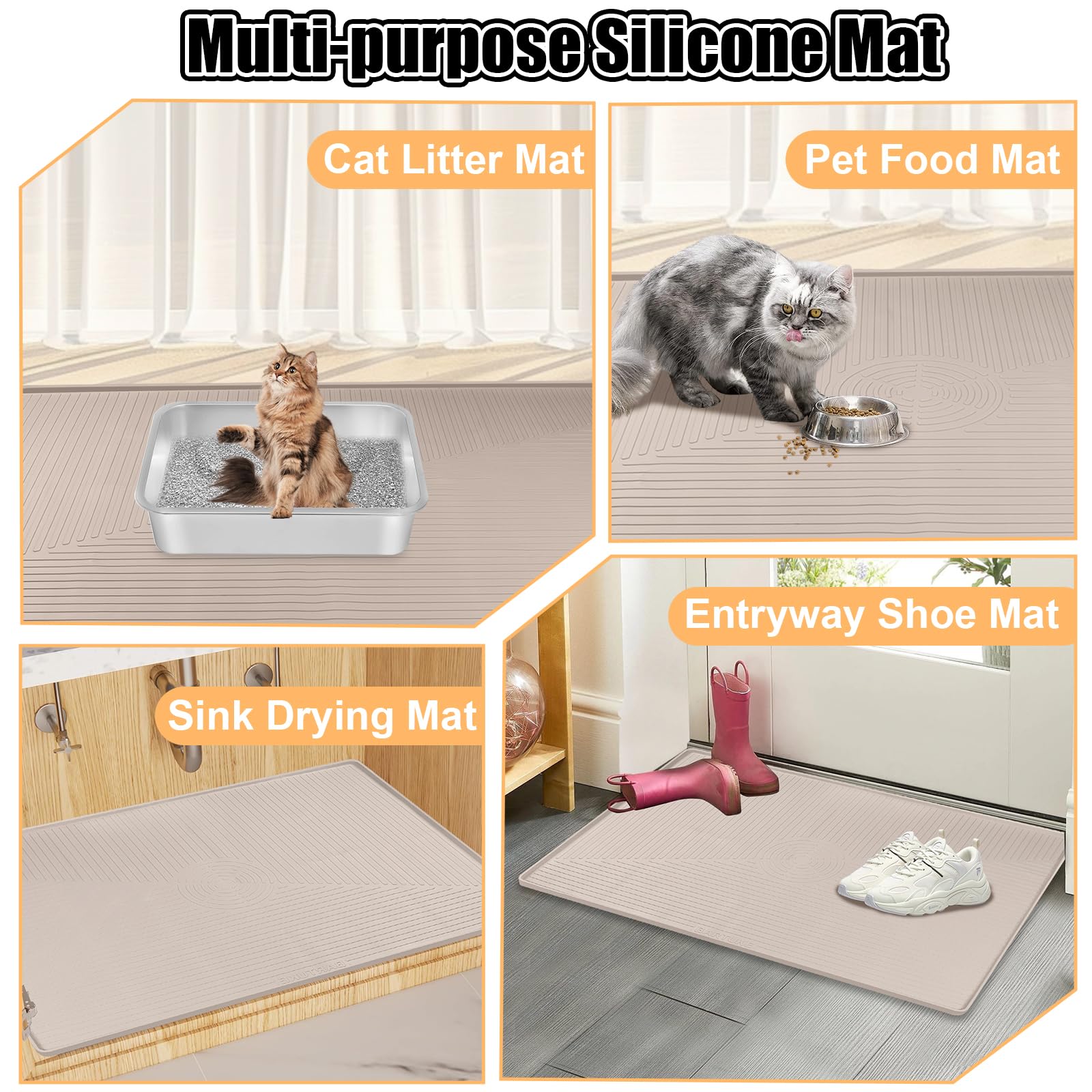 XXL Katzenstreu-Matte, extra große 127 x 91cm Silikonmatte Katzenstreu-Fangmatte für Streukontrolle, weich für Katzenpfoten, leicht zu reinigen (Khaki)