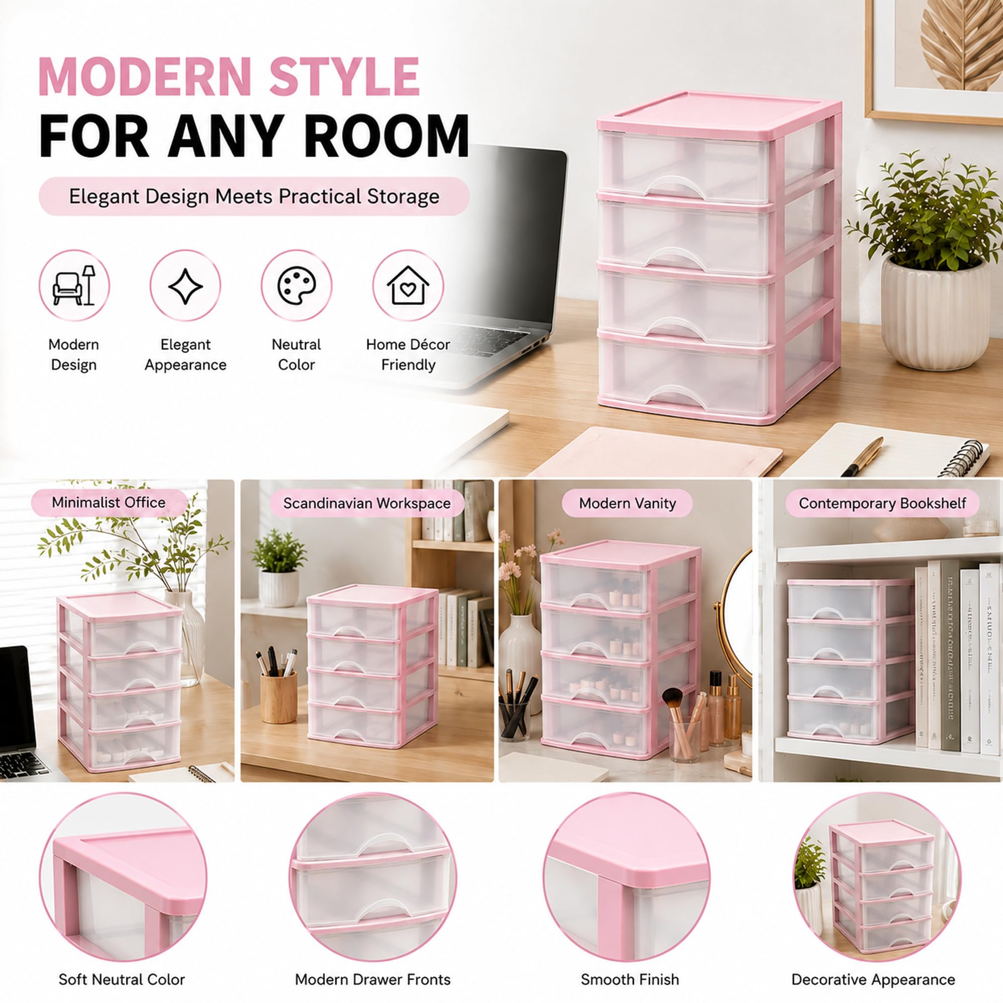 PLASTIFIC unità di Archiviazione da Tavolo in Plastica con Cassetti, unità di Torre di Archiviazione per Ufficio Camera da Letto Garage (Rosa con 4 Cassetti Trasparenti, 35,5 X 27 X 35 Cm)