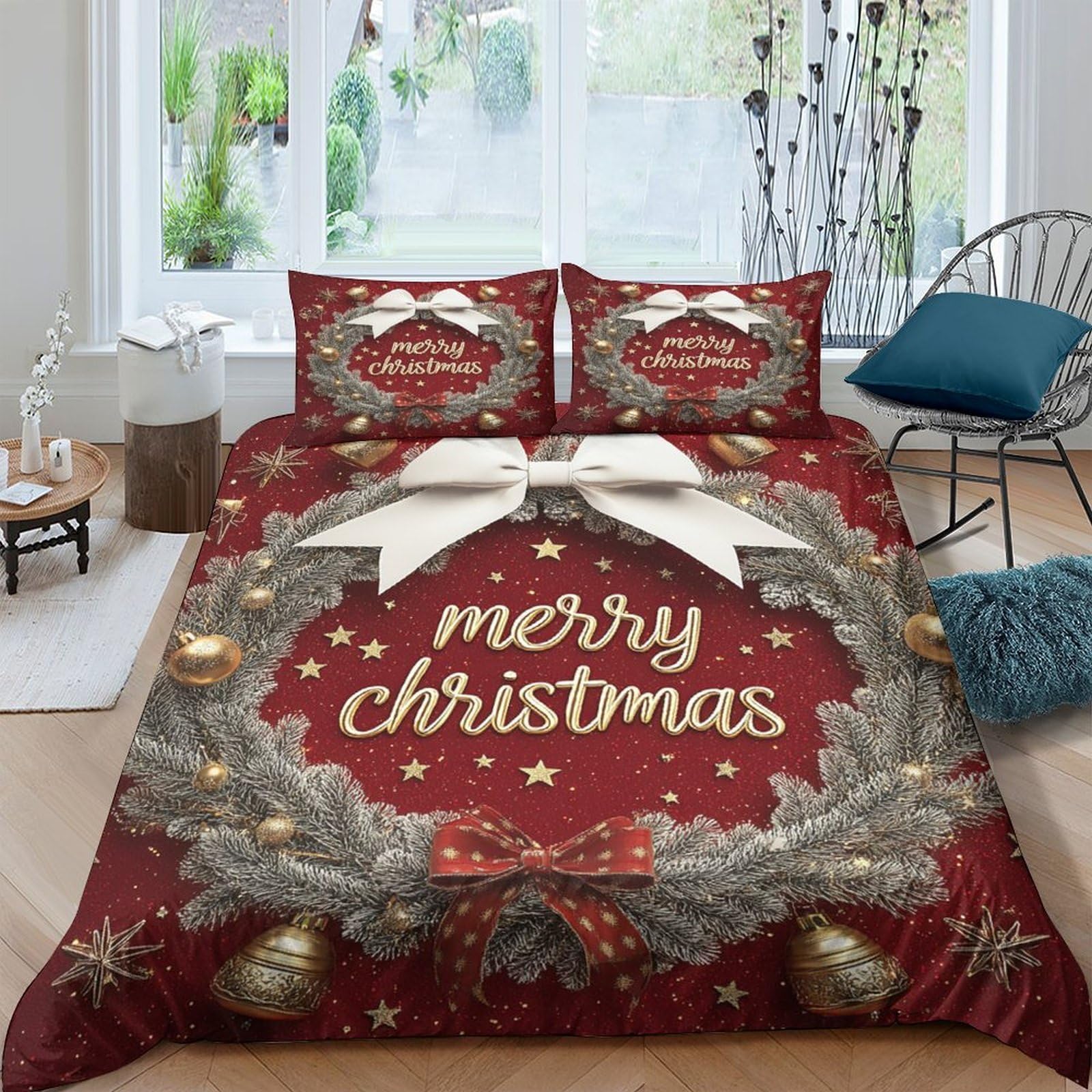 Ctjqhvkz Style-6 3D Printed Christmas Wreath Fitted Sheet Microfiber Red Gold Ornament Bed Cover For Bedroom Guestroom Dorm Decor Single（135X200cm）