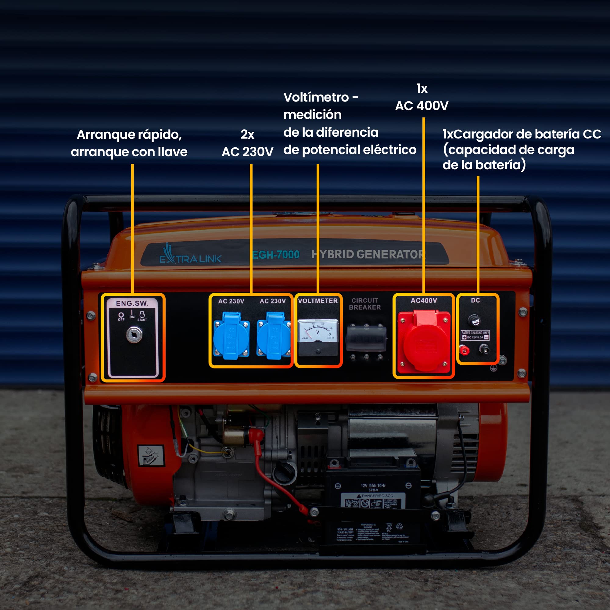 Grupo Electrógeno Híbrido, 7kW 3F, Potencia máx. 7500W, Capacidad del depósito 25L, funcionamiento hasta 11 horas, Protección contra averías/sobrecargas, Generador electrico gasolina/generador a gas