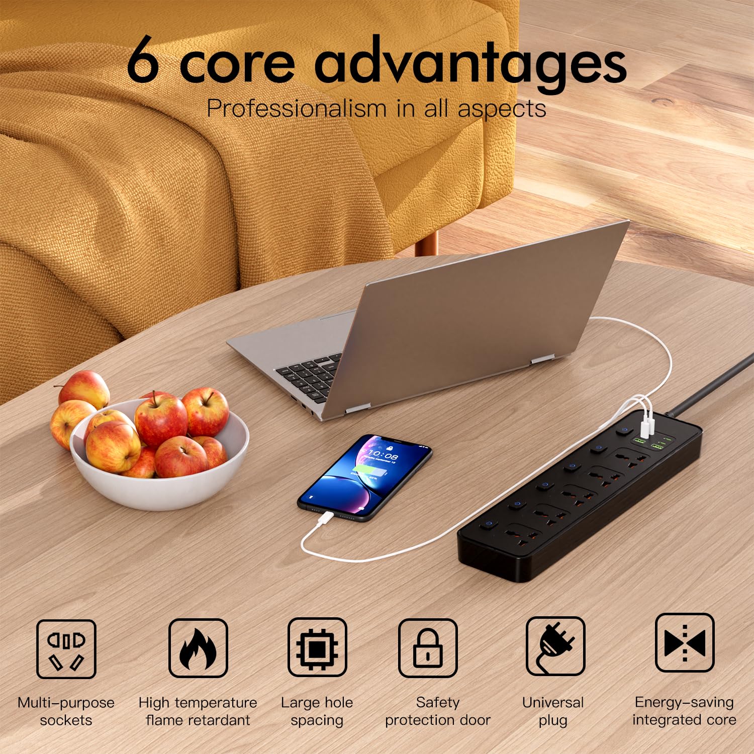Listwa zasilająca uniwersalna z pojedynczym przełącznikiem, 5 uniwersalnych gniazd, maks. 3250 W, kabel sieciowy 1,8 m, 4 x 20 W USB-C i 2 x USB-A, listwa zasilająca z USB C (powerstrip-1)