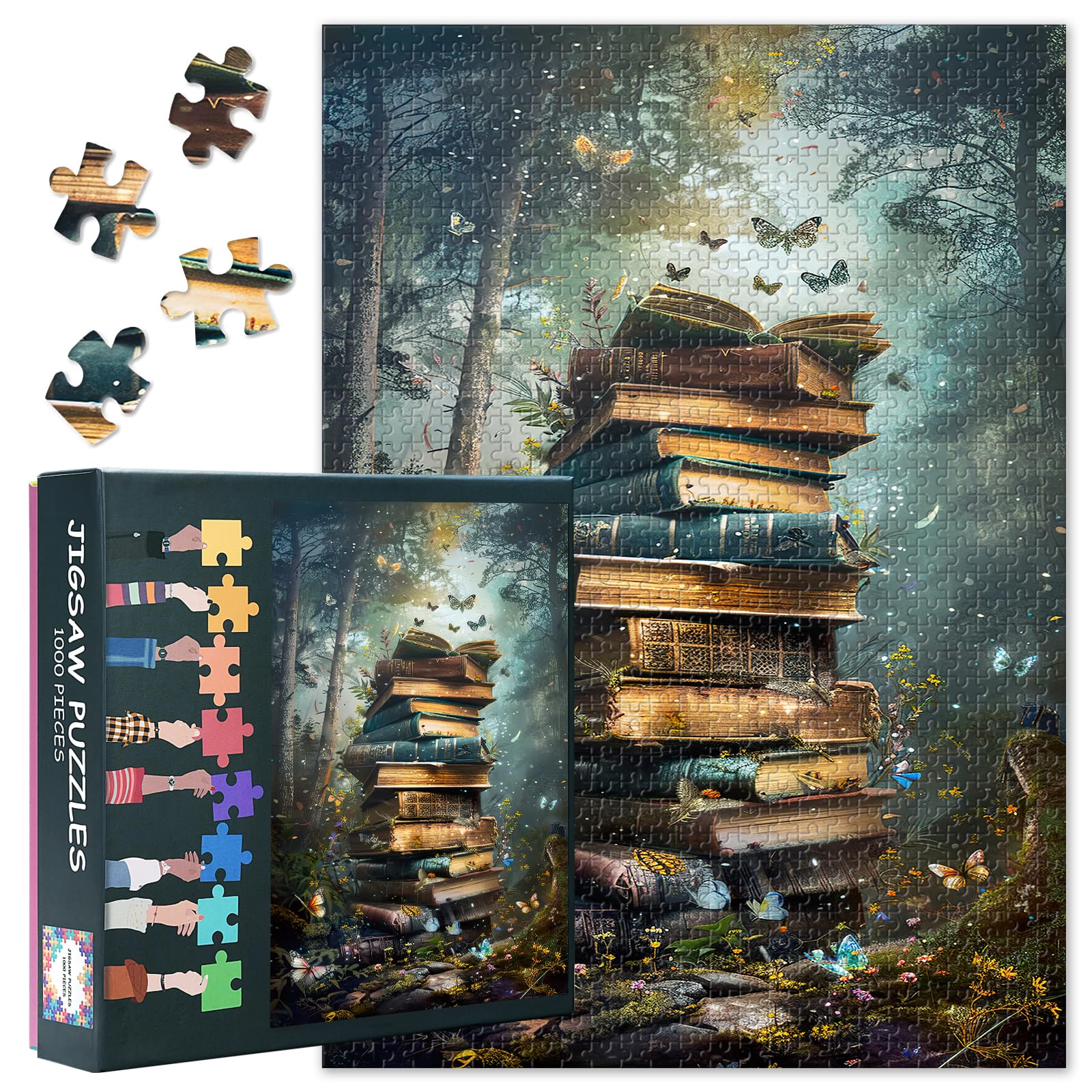 Magical Book Stack Jigsaw Puzzle 1000 Pieces for Adults Fantasy Forest Butterfly Wonderland Escape Room Activity Family Game Night Premium Artwork 27.5x19.7 Inch
