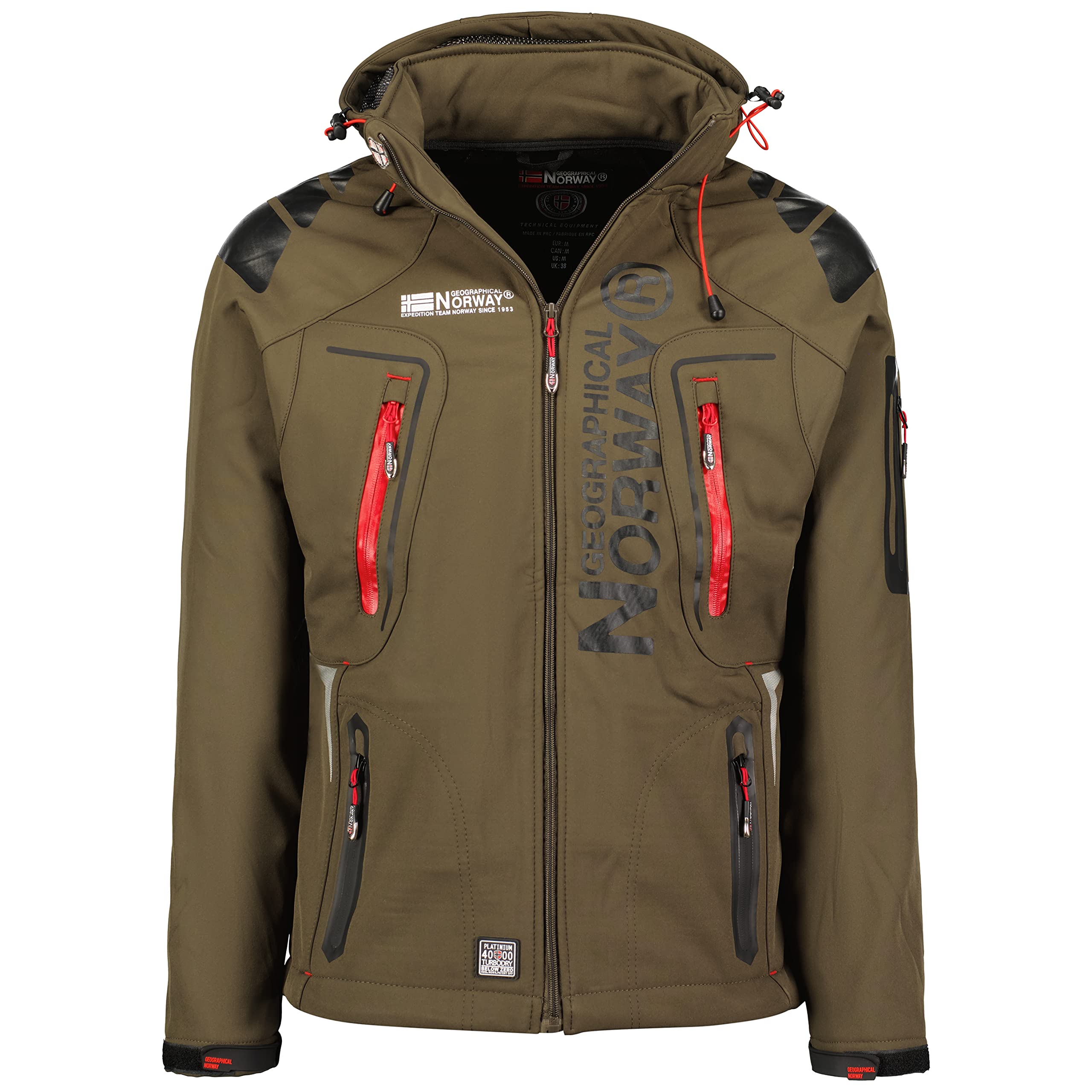 Geographical Norway Men's Khaki, Red Techno - Waterproof Softshell Hooded Jacket - Comfortable Outdoor Jacket Tactical Windbreaker - Hiking Skiing Autumn Winter Spring (Khaki-Red Xxl)