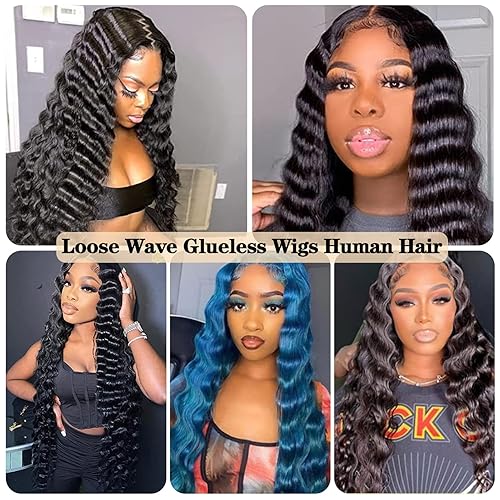 Miniatura 6 de Wear and Go - Pelucas de cabello humano sin pegamento con ondas profundas sueltas, pelucas de encaje frontal de cabello humano 12A, pelucas de