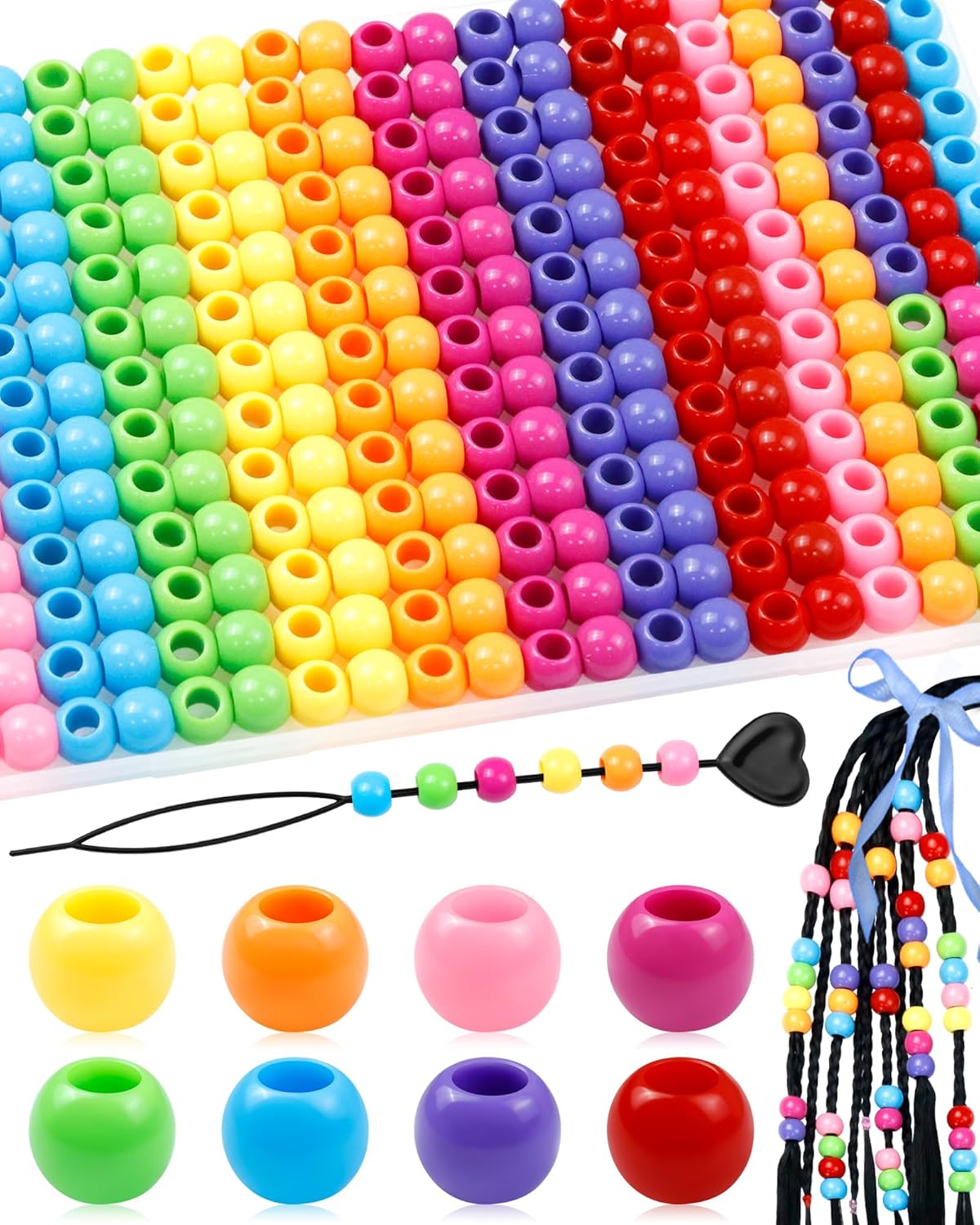 FIVEIZERO 260PCS Large Hole Hair Beads, 10x12mm Acrylic Pony Beads for Hair Braids, Bulk Pack - Mixed Colors for Bracelets & DIY