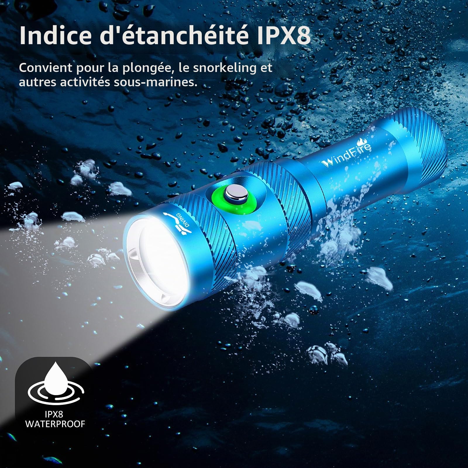 Windfire Lumière de Plongée 6000 LM Lampe de Poche Sous-Marine 3 Modes Indicateur de Puissance, Professionnelle IP68 Lampe de Poche Étanche Rechargeable