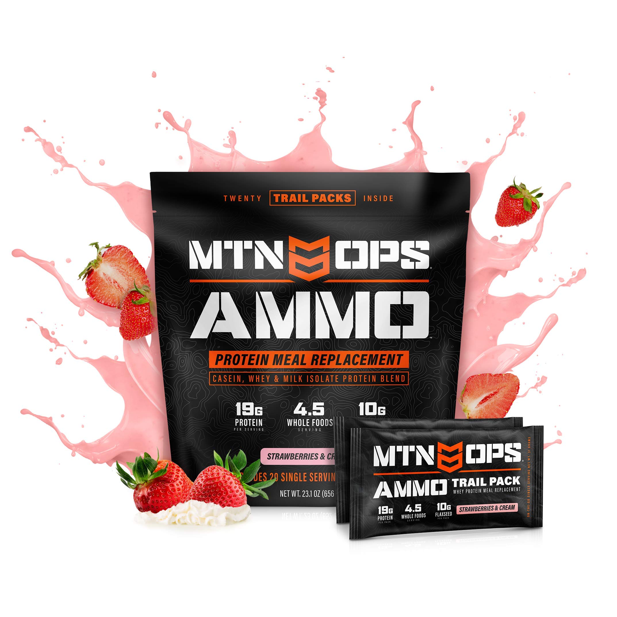MTN OPS Ammo Trail Packs Protein Meal Replacement Powder - 20 Servings, Strawberries & Cream