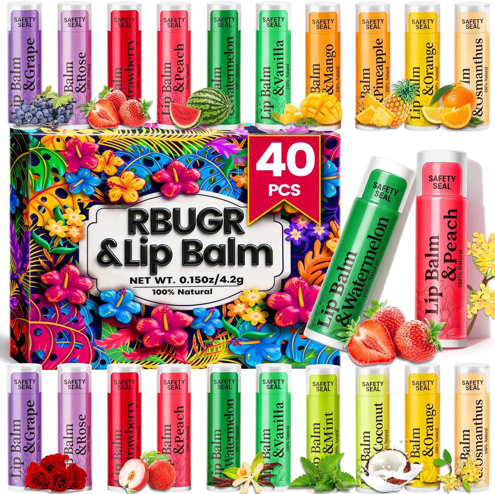39 Pack Lip Balm, 12 Flavored in Bulk Natural Set, Beeswax Moisturising & Soothing Bulk Gifts for Women Stocking Stuffers Party Favors (4.2g/0.15oz)