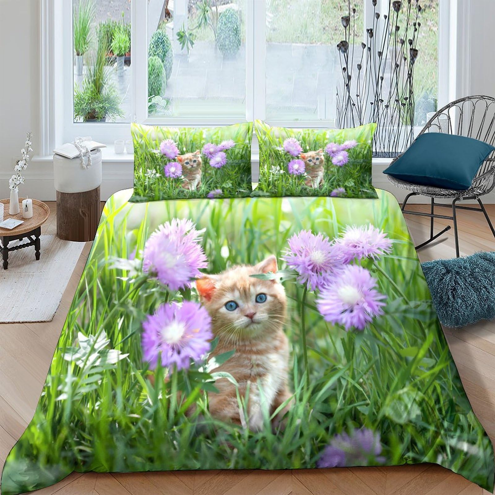 Ctjqhvkz Style-4 3D Printed Cat In Flower Meadow Fitted Sheet Microfiber Soft Breathable Wild Grass Bed Cover For Bedroom Guest Room Decor Single（135X200cm）