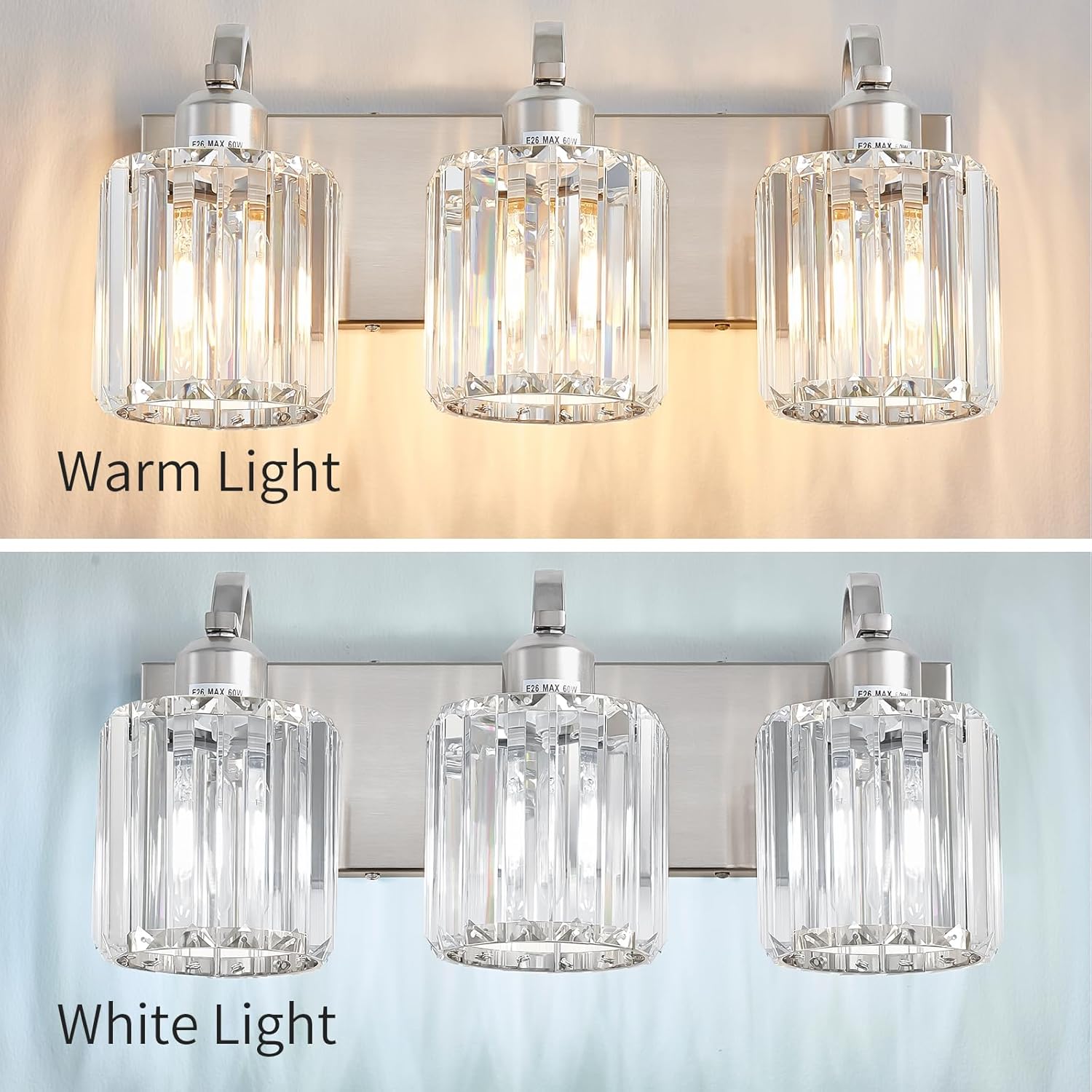 Modern Vanity Light 3-Lights Brushed Nickel Vanity Light Crystal Bathroom Wall Light Bathroom Light Fixtures with Round Shade (Exclude Bulb)
