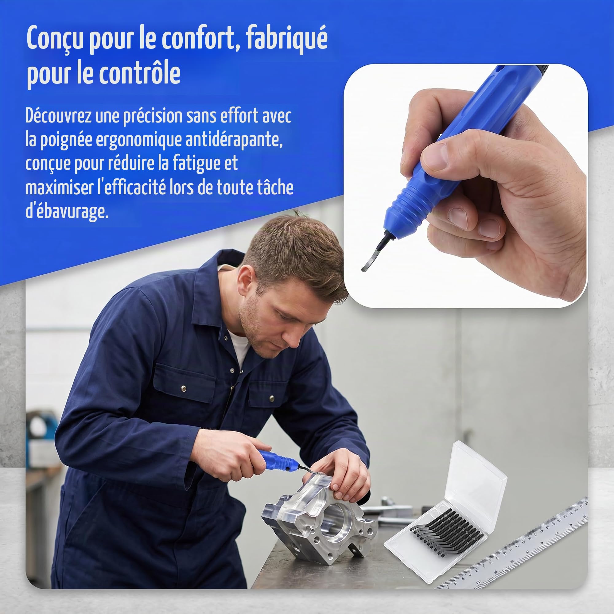 Ebavureur Outil D'ébavurage, Burr Remover avec 11 Lames de Rechange Acier, 360 ° Rotatif Deburr Lames, PratiqueOutil pour Aluminium, l'impression 3D, Cuivre et Acier Métal, Plastique, PVC
