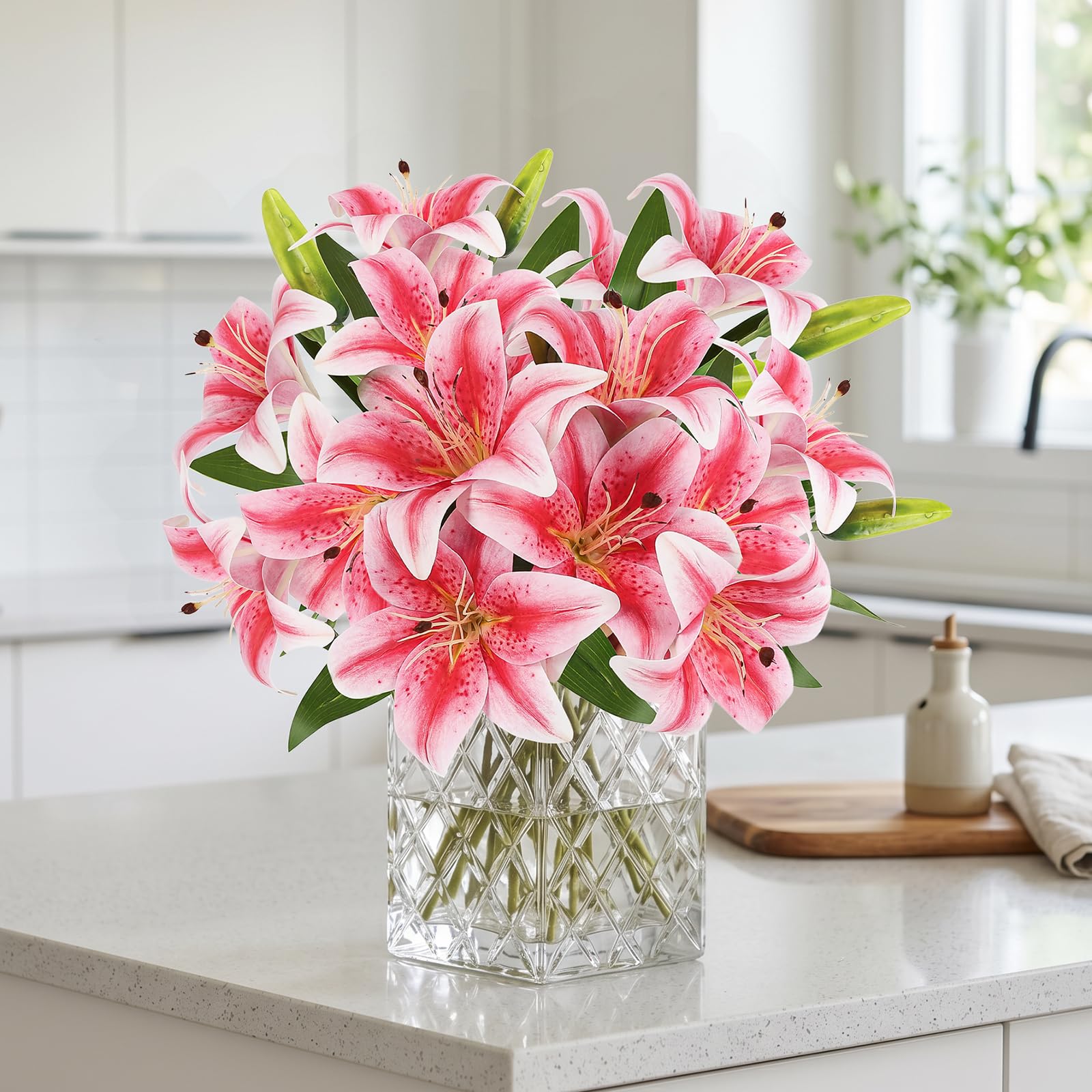 TYL&TYS 6PCS Artificial Lilies Flower Set, 3D Printing Realistic Fake Lilies with 12 Heads and 6 Buds - Image 2