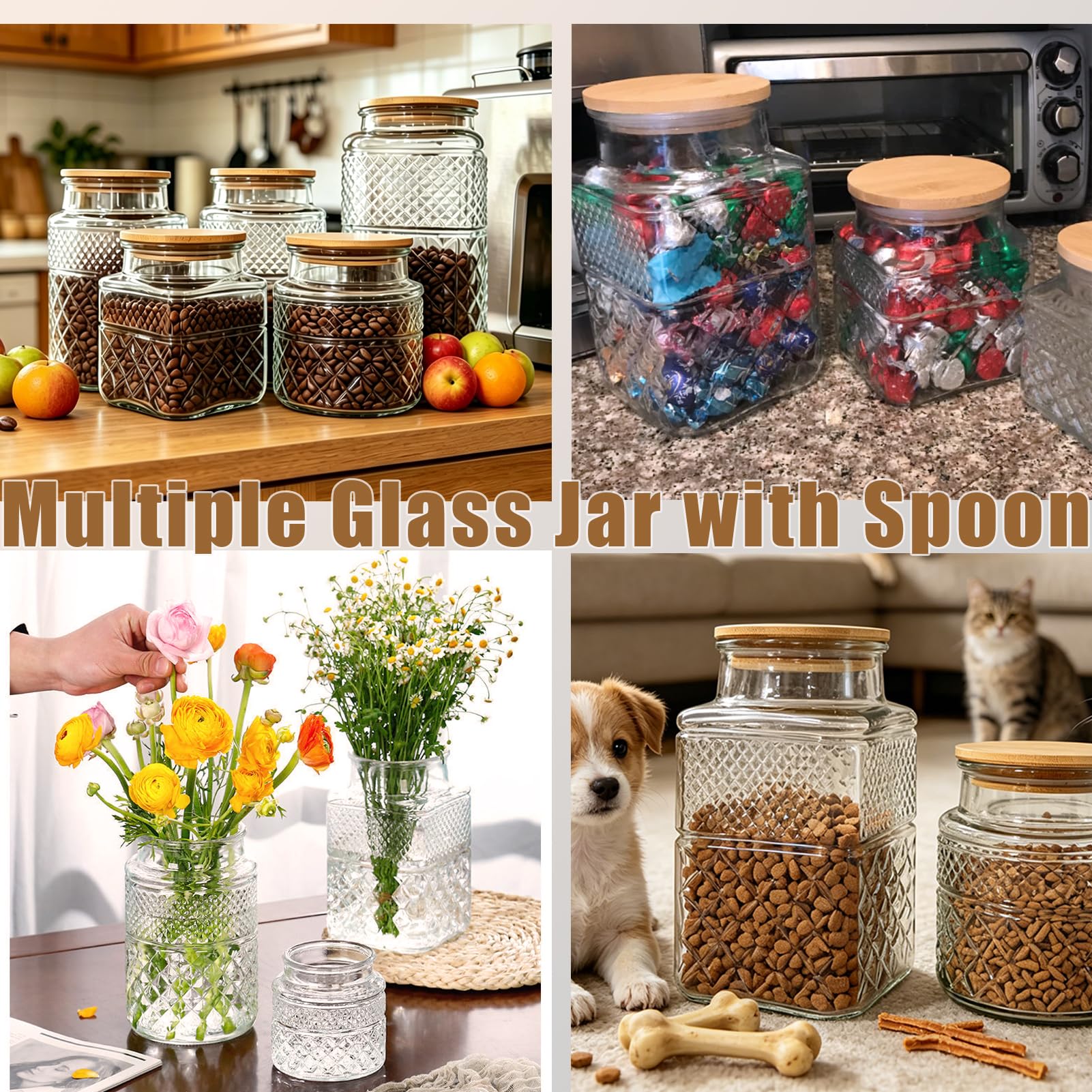 Vintage-Glasdose mit Deckel, Holzlöffel, 2 Stück, dekorative Glas-Vorratsdosen, luftdichte Deckel, transparenter Behälter für Lebensmittel, Süßigkeiten, Kekse, Zucker, Kaffee, Bohnen, Tee, Nüsse