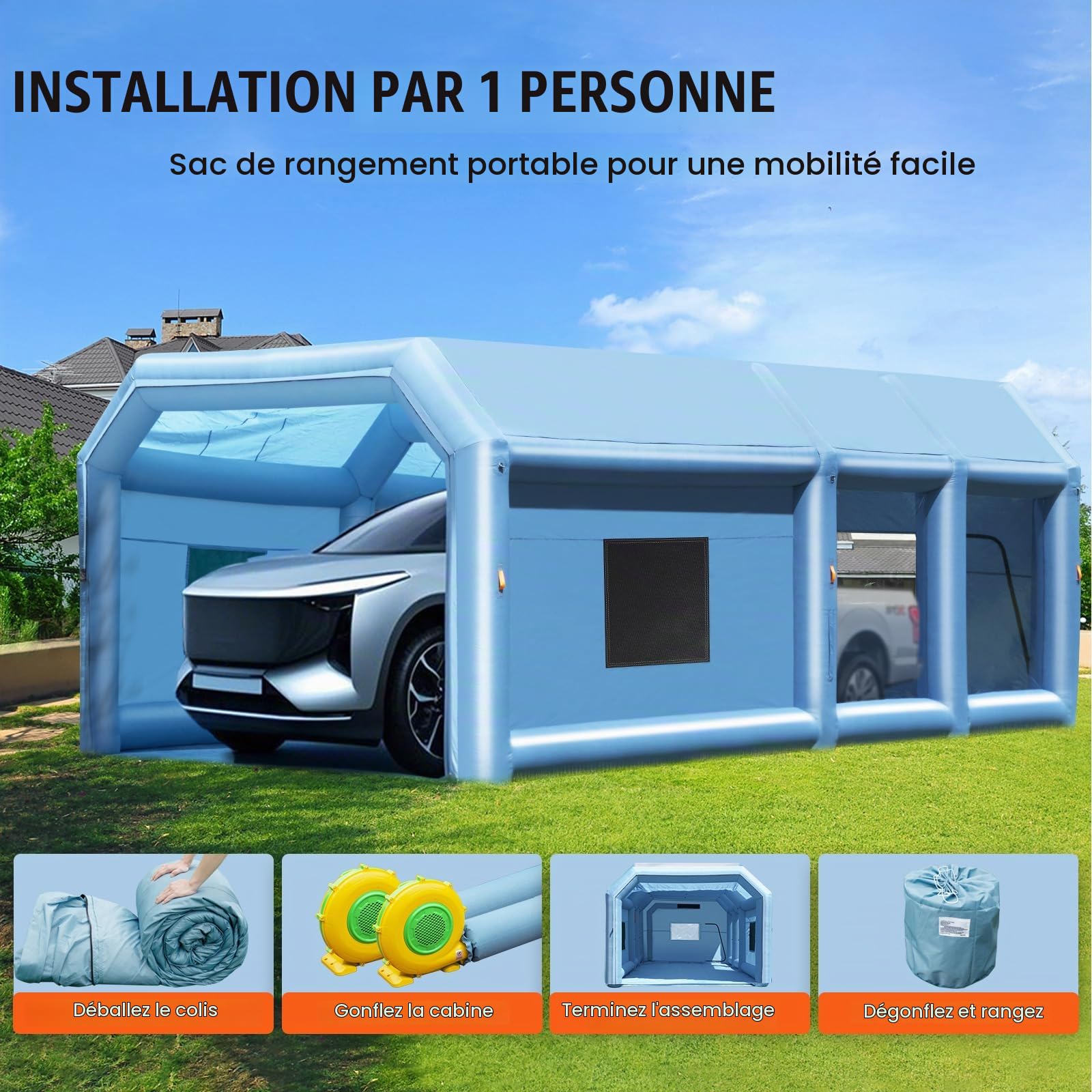 VEVOR Cabine de Peinture Gonflable 10x6,4x4,5 m, Tente Peinture Gonflable Automobile avec Souffleurs Puissants 1100 + 750 W et Système de Filtration, Station de Travail pour Pose de Peinture Atelier