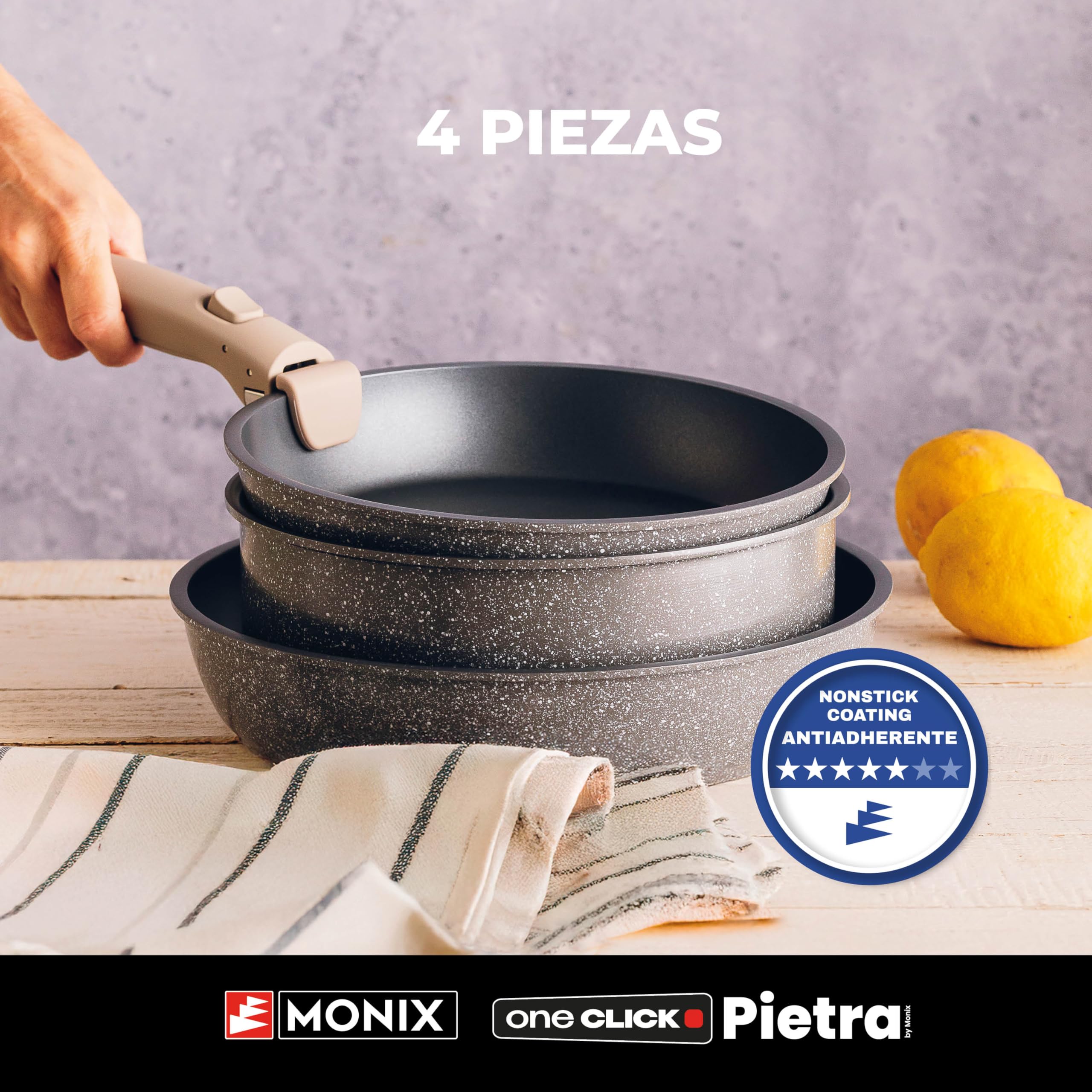 Monix One Click Pietra | Set 3 sartenes apilables, 20-24-26 cm, Antiadherentes, Mango desmontable, Indicador Temperatura Thermonix, Sin PFOA, Apta para todo tipo de Cocinas