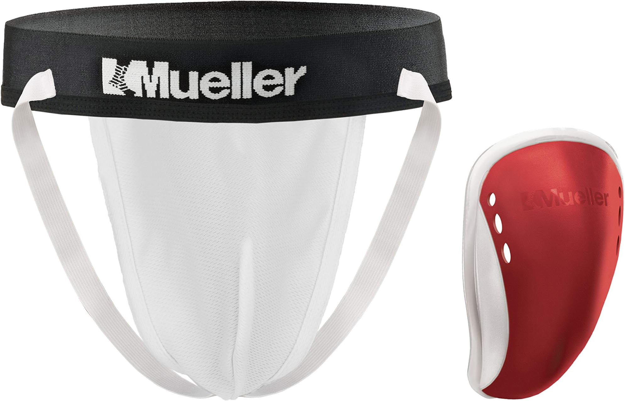 MUELLER Sports Medicine Teen Boy's Athletic Supporter with Flex Shield Cup, Youth Jockstrap for Sports, White Underwear/Red Cup, Regular