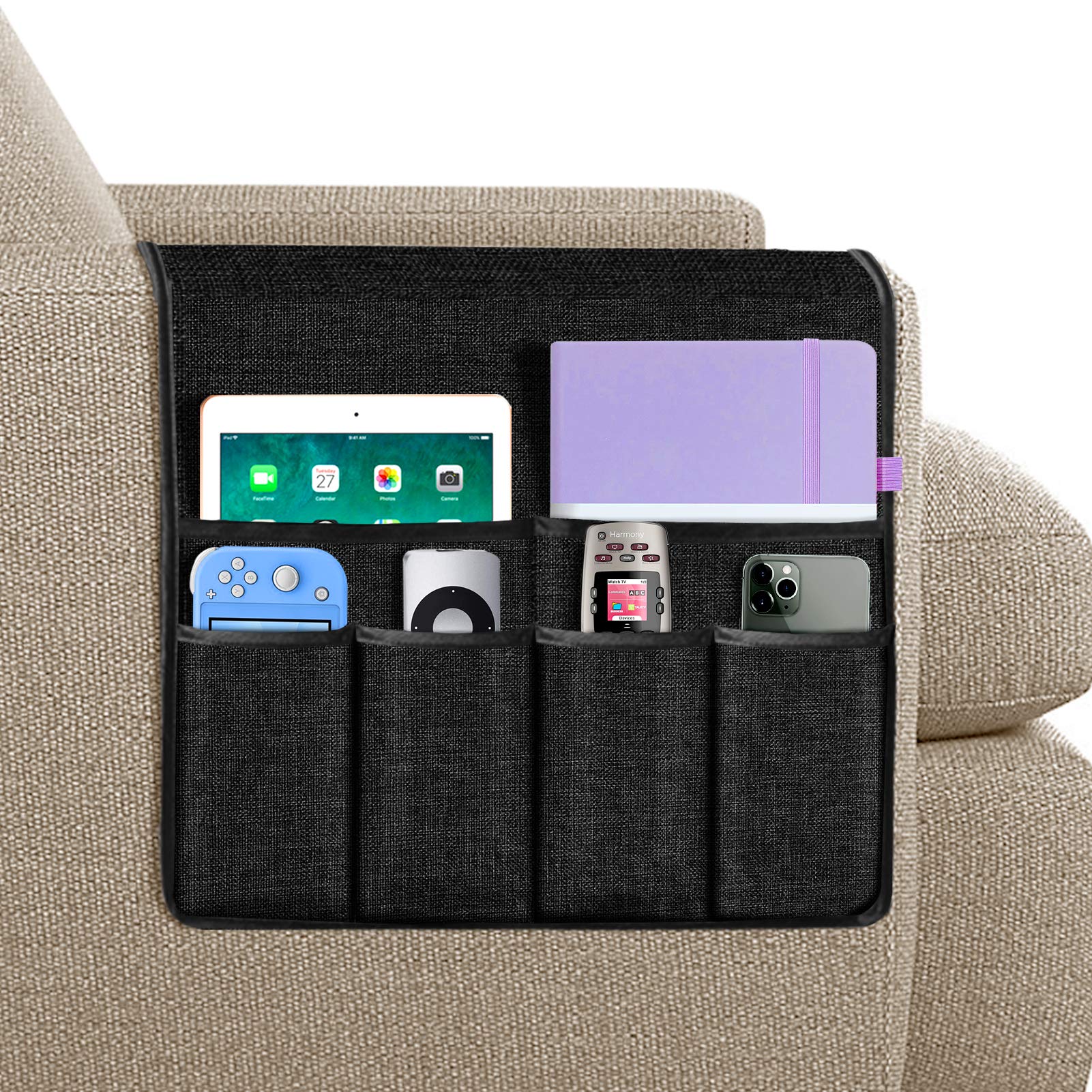 Joywell Armchair Caddy Sofa Armrest Organizer, Remote Holder on Couch & Chair Arm with 6 Pockets for TV Remote Control, Magazine, Books, Cell Phone, iPad, Black