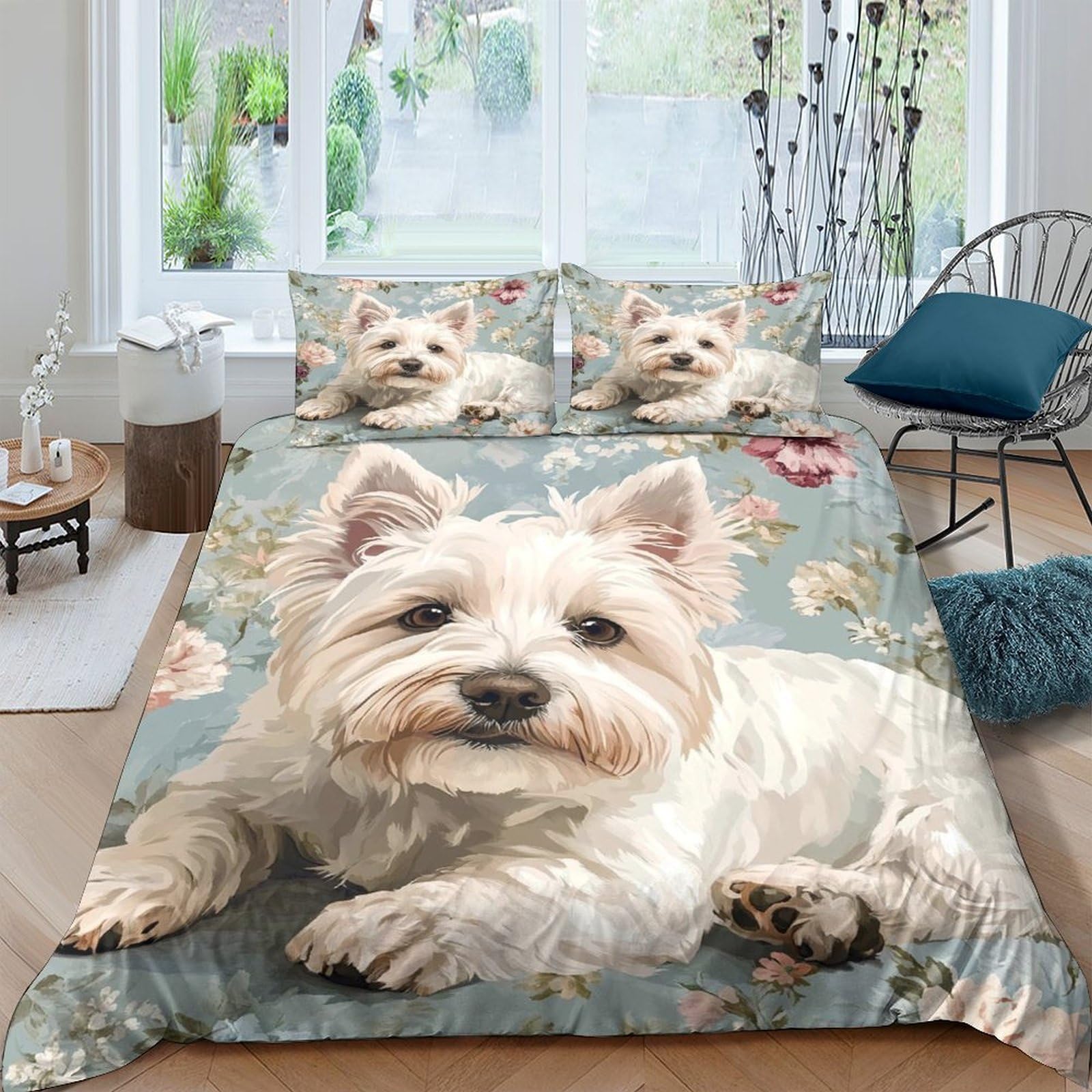 Ctjqhvkz Style-3 3D Printed Westie Dog Fitted Sheet Microfiber Soft Decorative Floral Bed Cover For Bedroom Guest Room Mattress Protection Single（135X200cm）