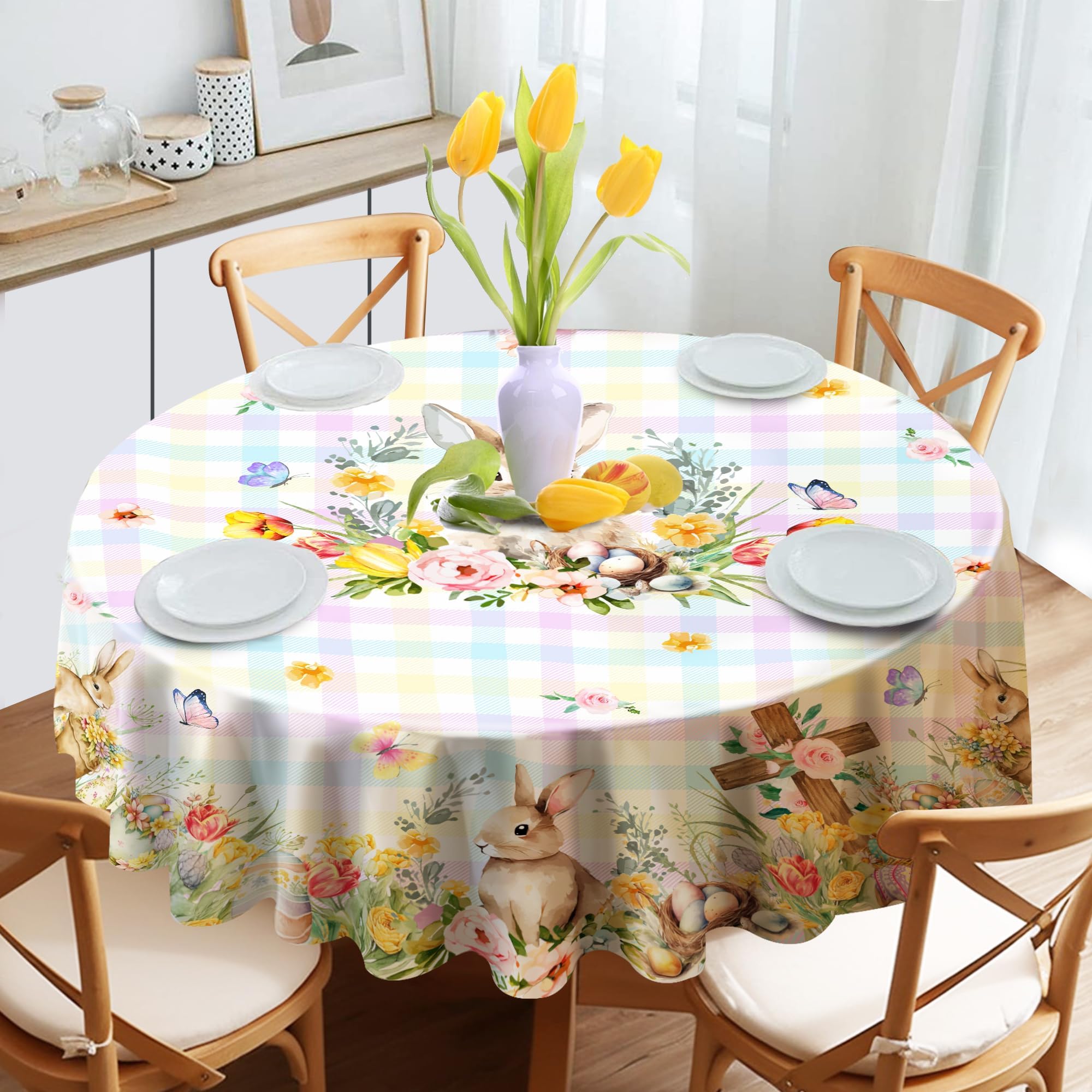 Kadut Easter Tablecloth Round, Easter Eggs Fabric Table Cloth, Elegant, Bold and