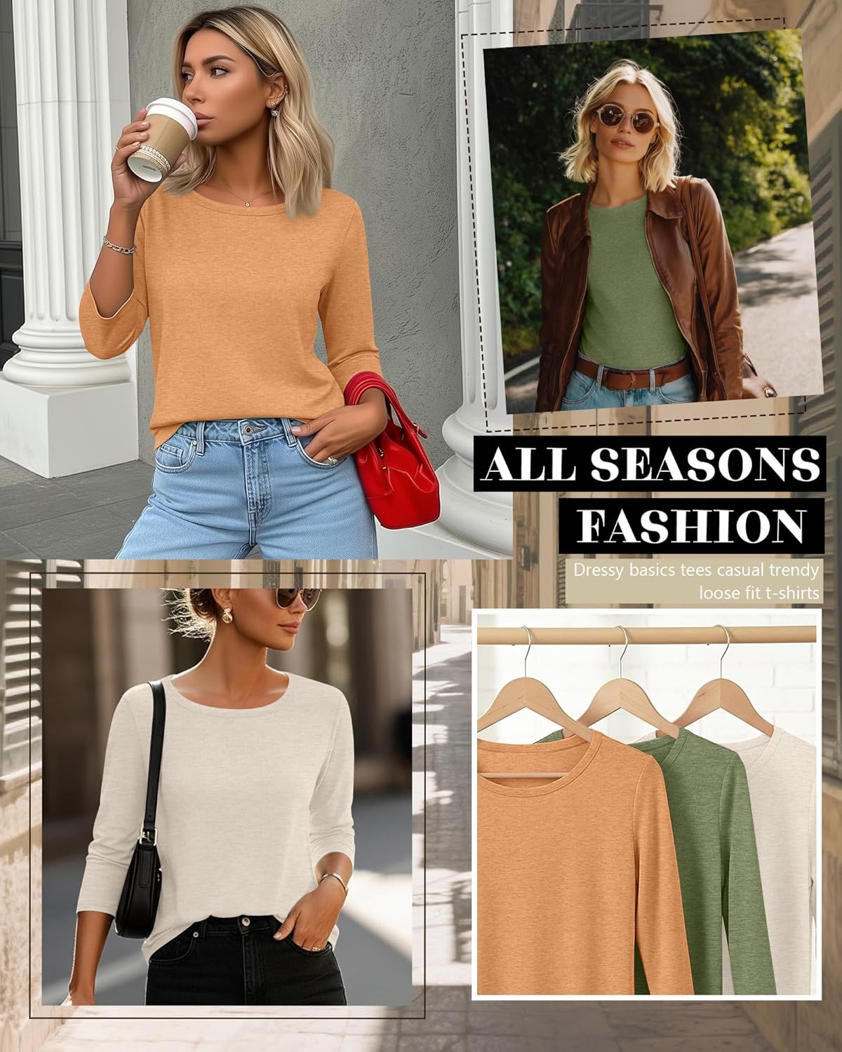 Ficerd 3 Pack 3/4 Sleeve Tops for Women Round Neck Dressy Basics Tees Casual Trendy Loose Fit T Shirts - Image 3