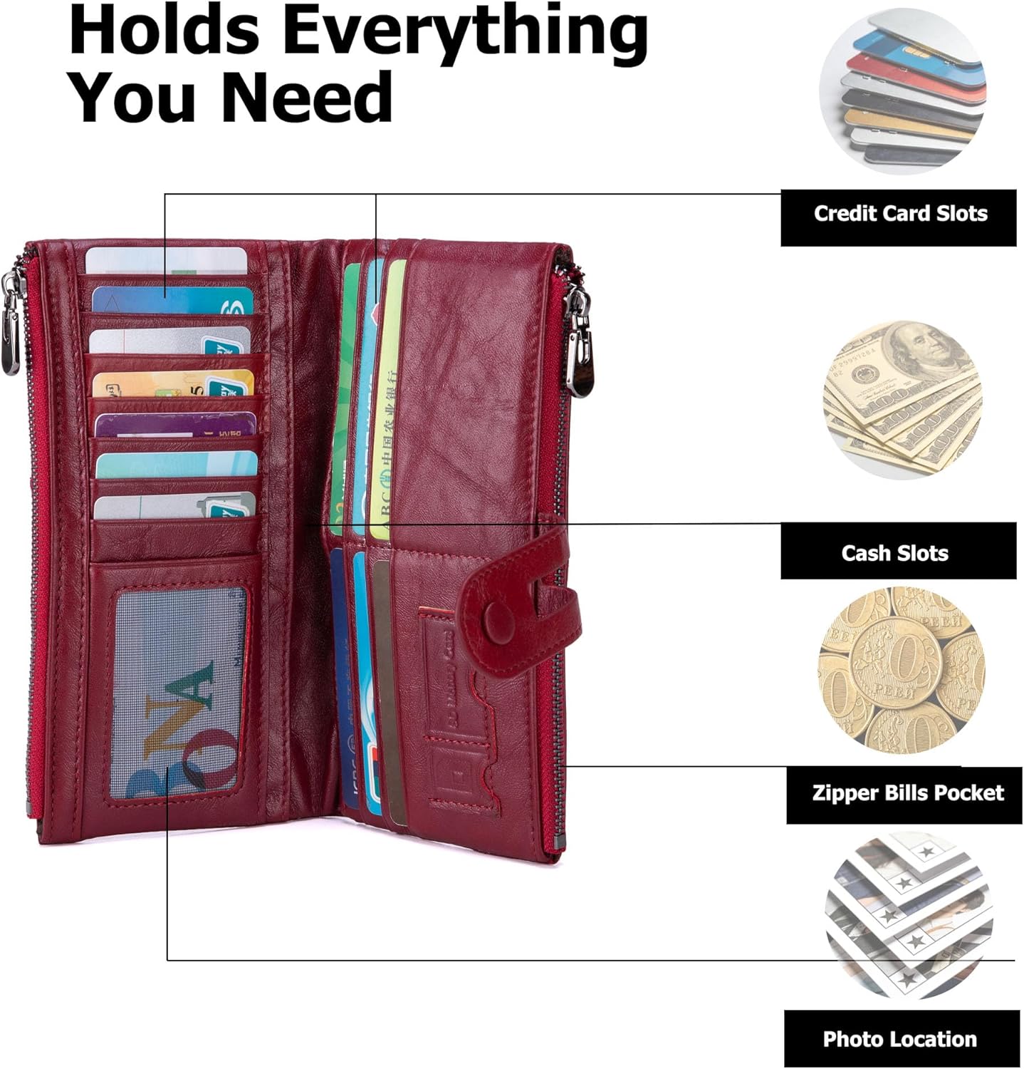 myfriday Women's RFID Blocking Genuine Leather Wallet, Bifold Long Clutch Wallet Money Clips Ladies Card Holder Purse - Image 5