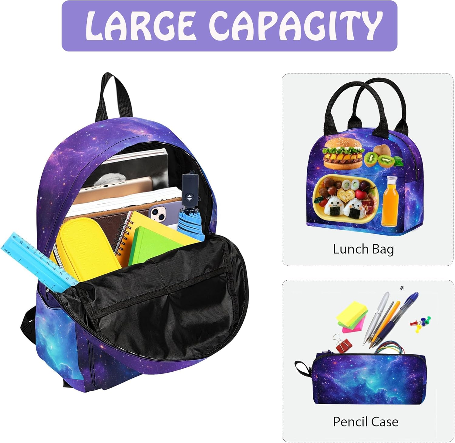 Galaxy 3PCS Backpack for Boys Girls, Kids Back to School Backpack Set with Lunch Box Pencil Case, 17 Inch Lightweight Bookpack 3 in 1 Set for Teens Elementary Middle High School Students
