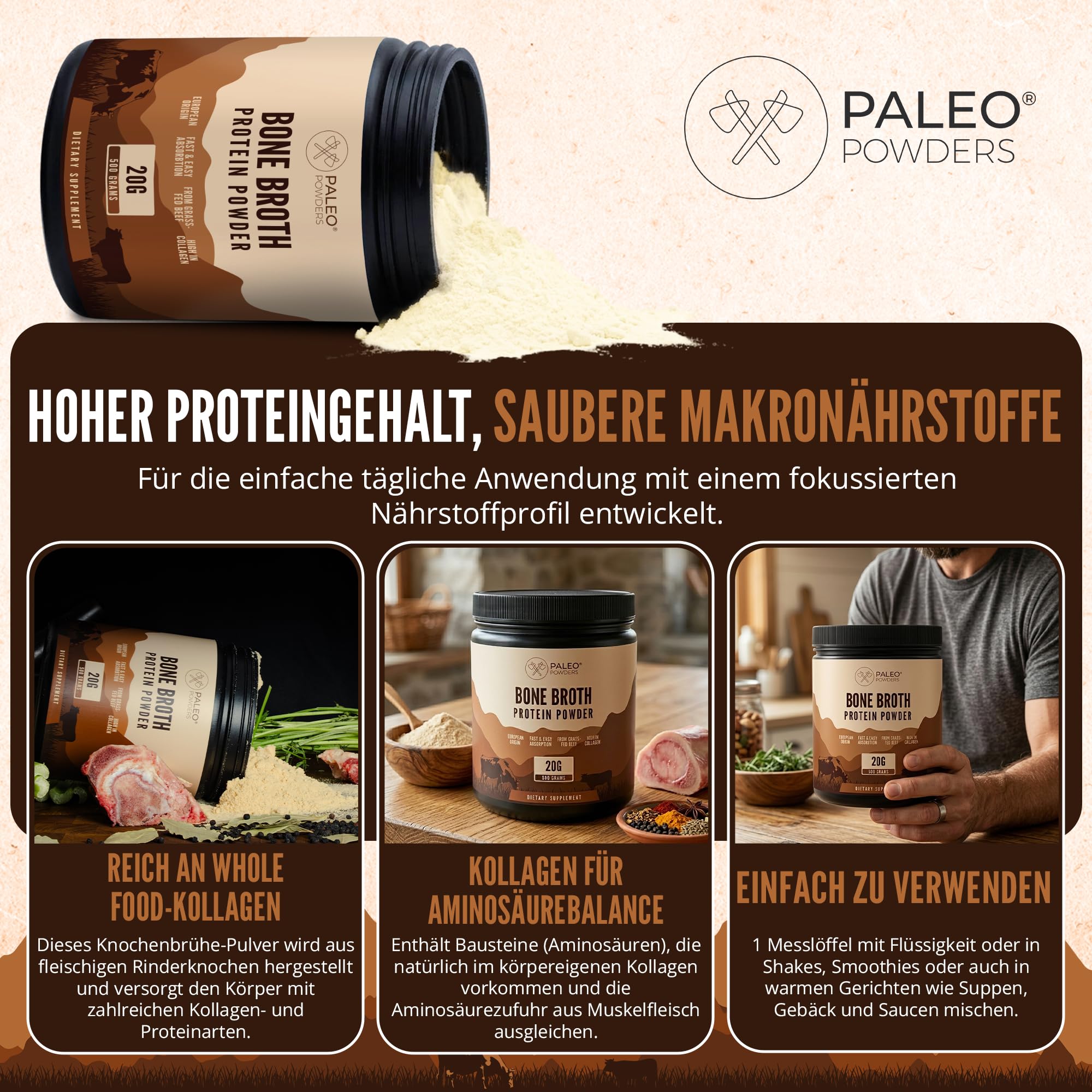 Caldo de huesos en polvo - 100% ganado europeo de pastoreo - Proteína de colágeno múltiple - 0 g de azúcar - 500 g