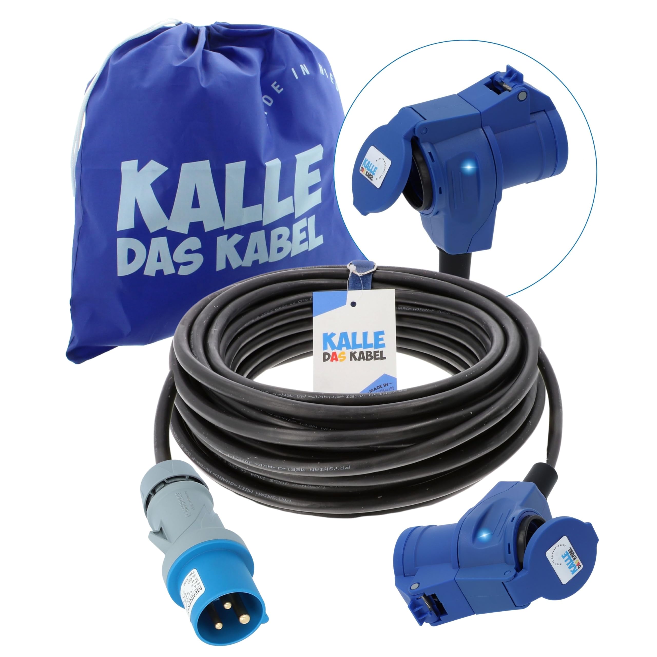 KALLE DAS KABEL CEE Verlängerungskabel 230V 16A – H07RN-F 3G 2,5 mm², CEE Stecker auf CEE Winkelkupplung mit Schukosteckdose & LED Spannungsanzeige, IP44, Schwarz Gummi, Camping Caravan 25 Meter