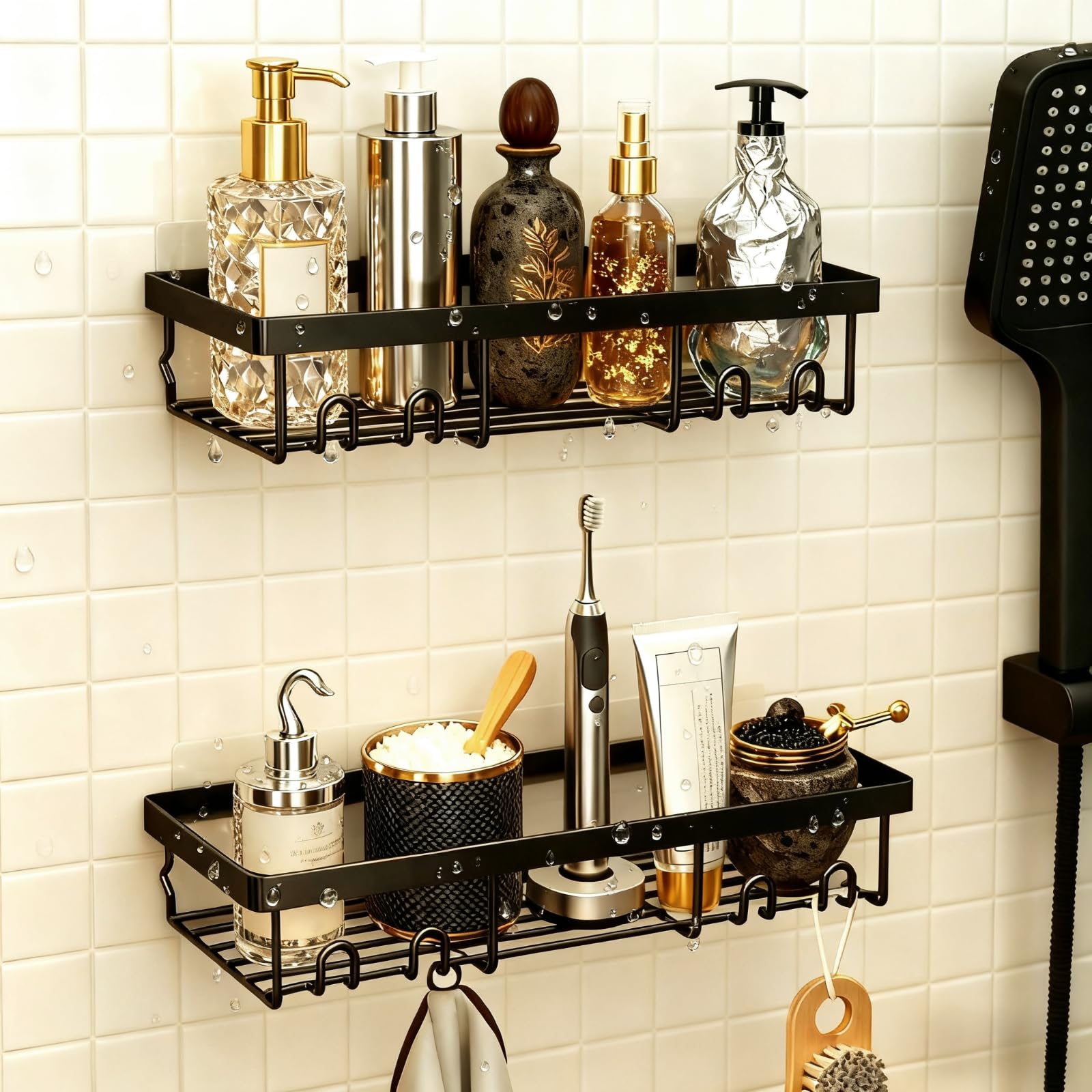 LINKINNO 2 Stück Duschablage Ohne Bohren, Langlebige Edelstahl Rostfreies Badezimmer Organizer Regal großer Kapazität schnell Trocknende Badregal Halterung mit 2 Haken für Shampoo Duschel, Schwarz