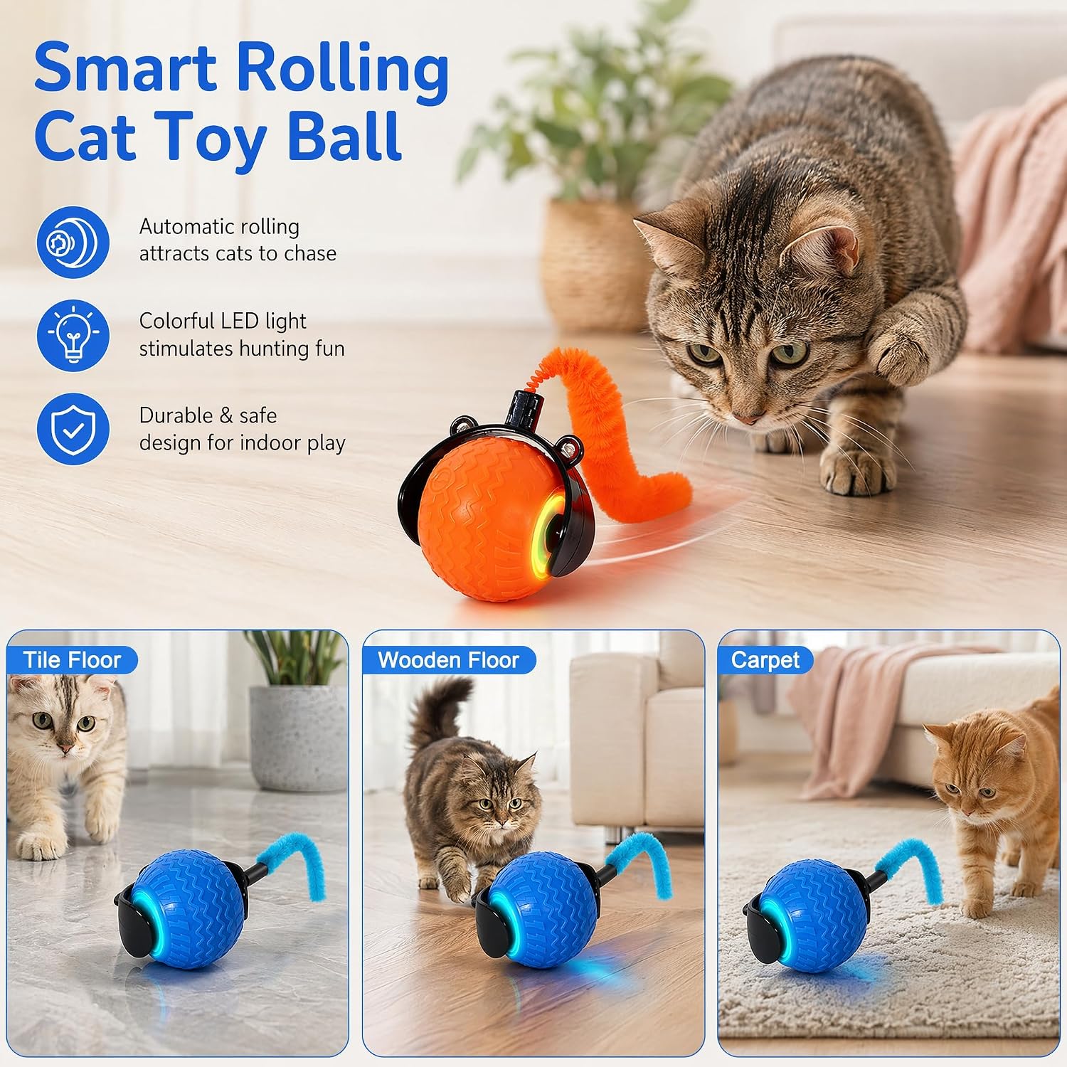 Tri-San Smart Automatic Interactive Cat Toy Ball, Rechargeable LED Moving Kitten Toy with Detachable Teaser Tail for Indoor Cat Hunting Exercise