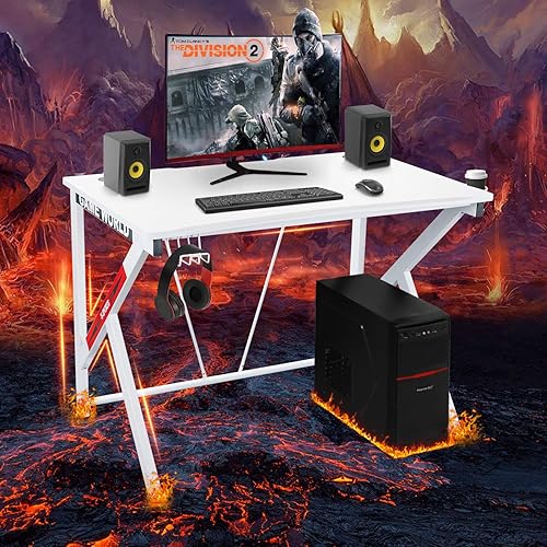 Miniatura 3 de Escritorio para juegos de 42 pulgadas, escritorio blanco para computadora en casa con soporte para tazas y gancho para auriculares, estación de