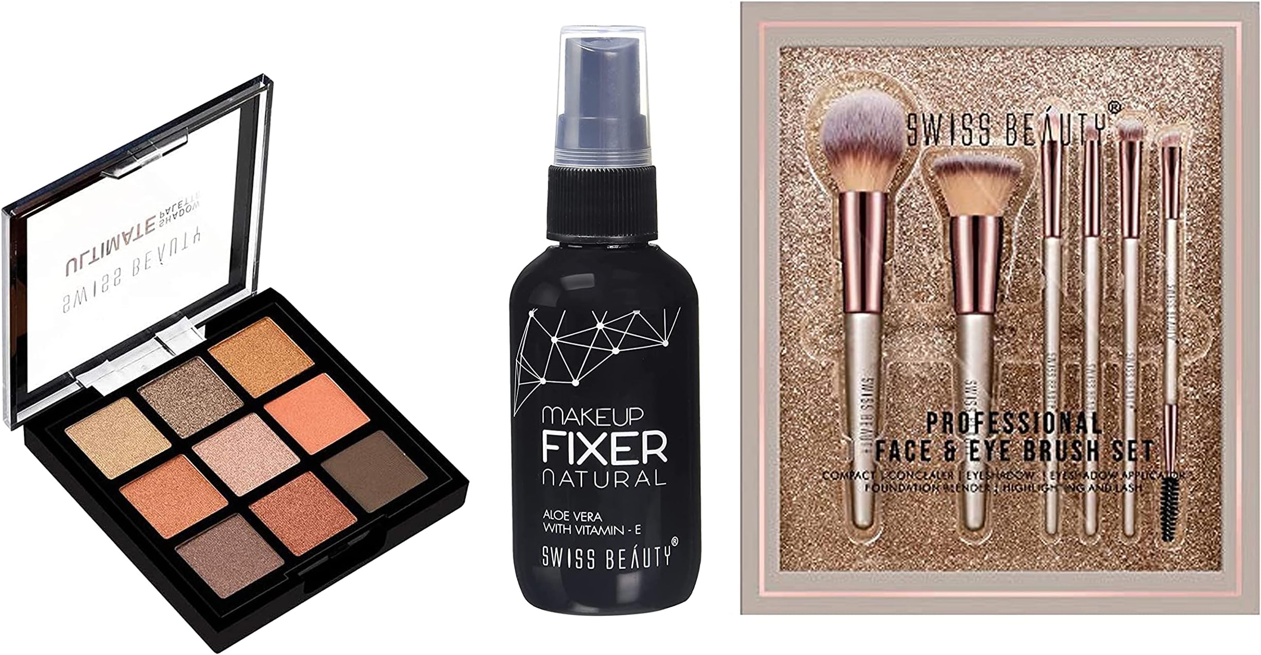 SWISS BEAUTY SB-F01, Professional Face Eye Brush Set, Silver (Pack Of 6) & Make-Up Fixer & Ultimate Eyeshadow Palette Kit-3 Sb-706, Shade-03-Multicolor