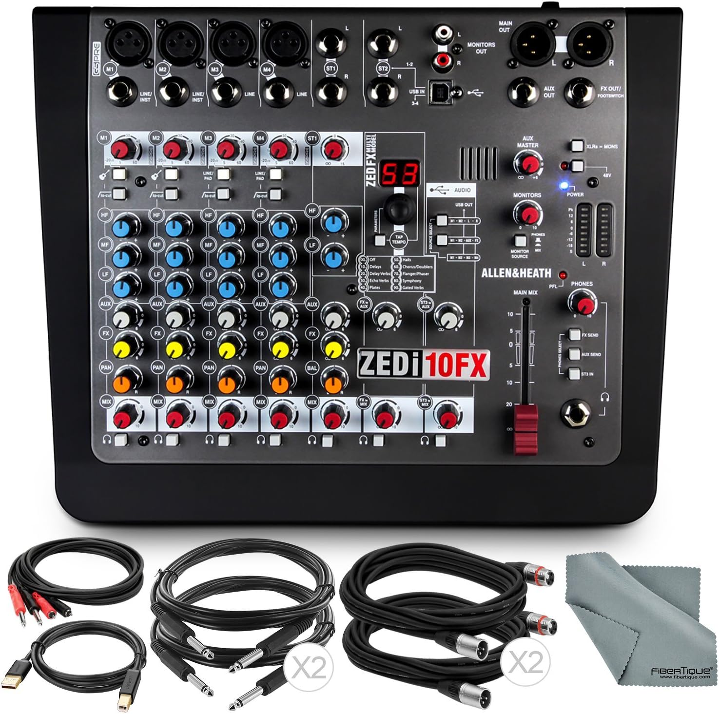 Allen & Heath ZEDi-10FX Hybrid Compact Mixer & 4x4 USB Interface with FX + Basic Bundle w/Cables and Fibertique Cloth