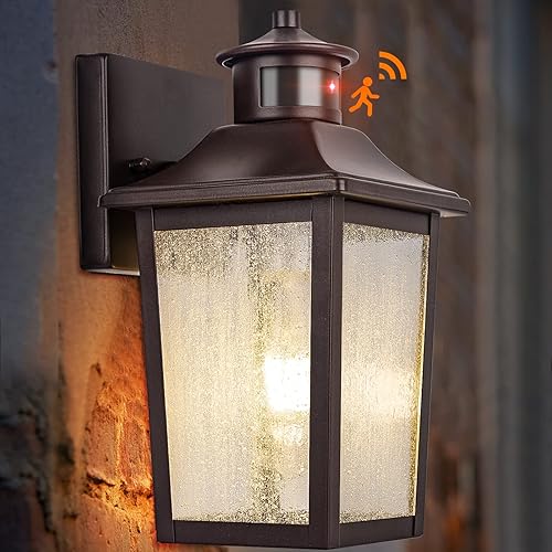 Luces exteriores con sensor de movimiento de bronce aceitado, iluminación exterior del anochecer al amanecer, lámpara exterior marrón para garaje,