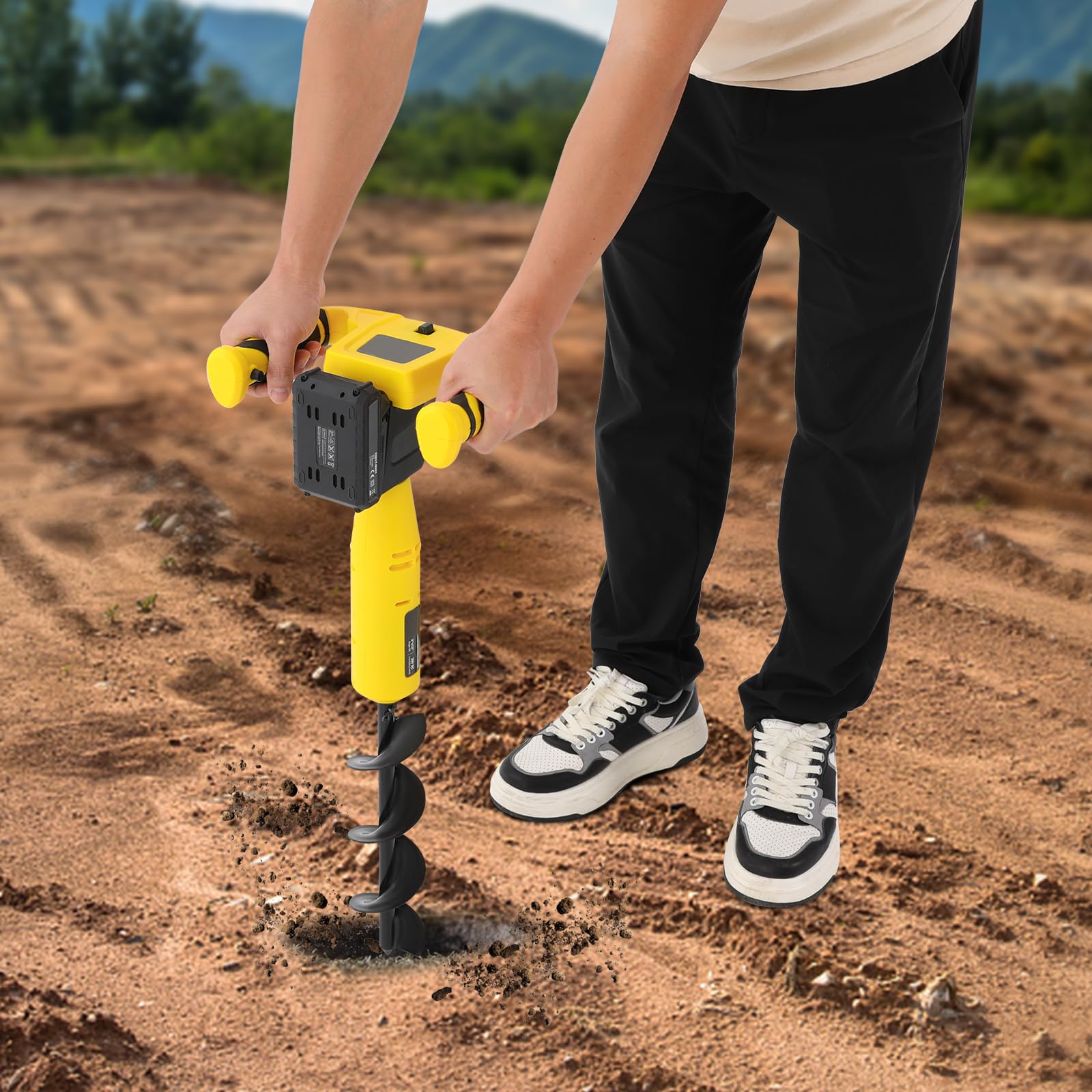Madelynn Broca eléctrica para tierra con batería de 350 W, 550 rpm, con batería de litio de 2000 mAh y taladro, para jardín, plantas y construcción de vallas